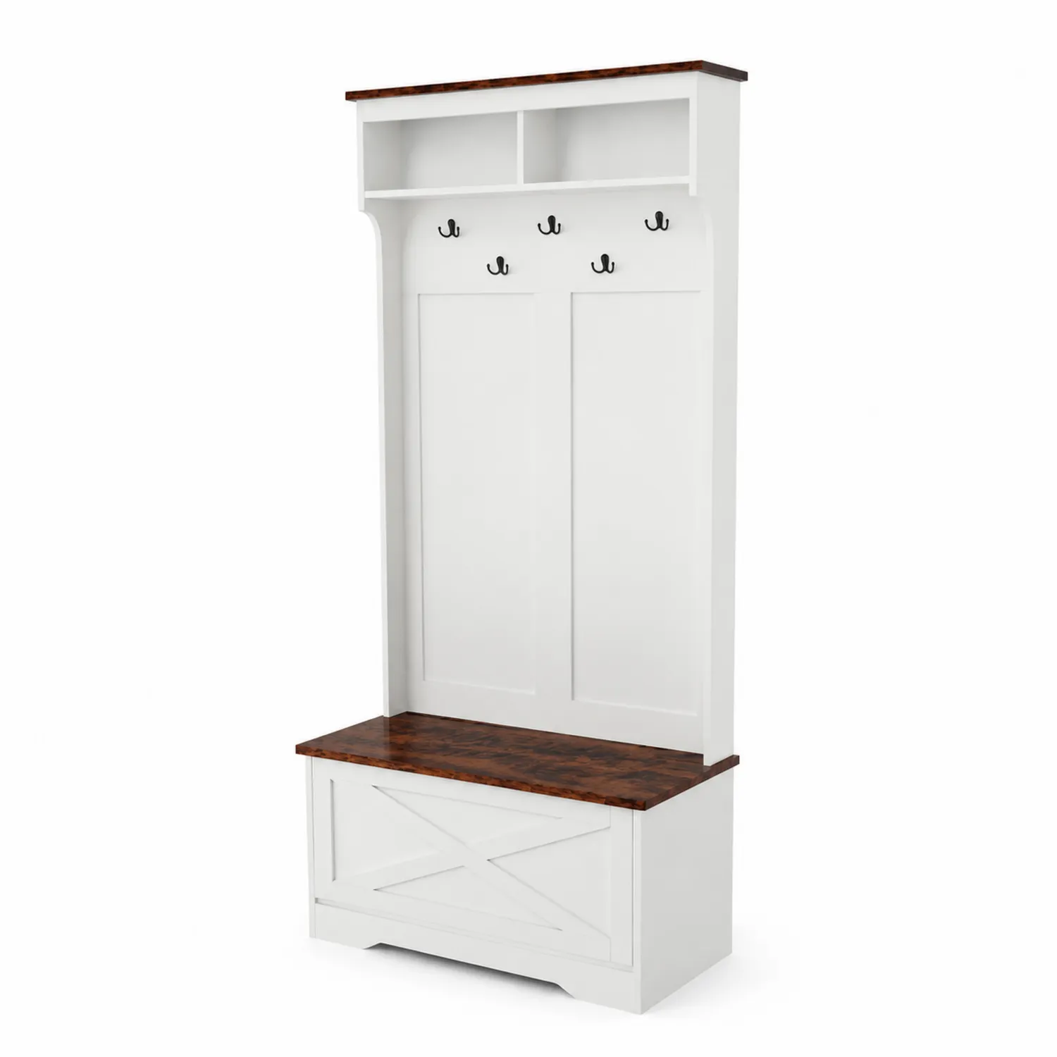 Porte-manteaux en bois avec banc de rangement et étagère-Belcouratelier