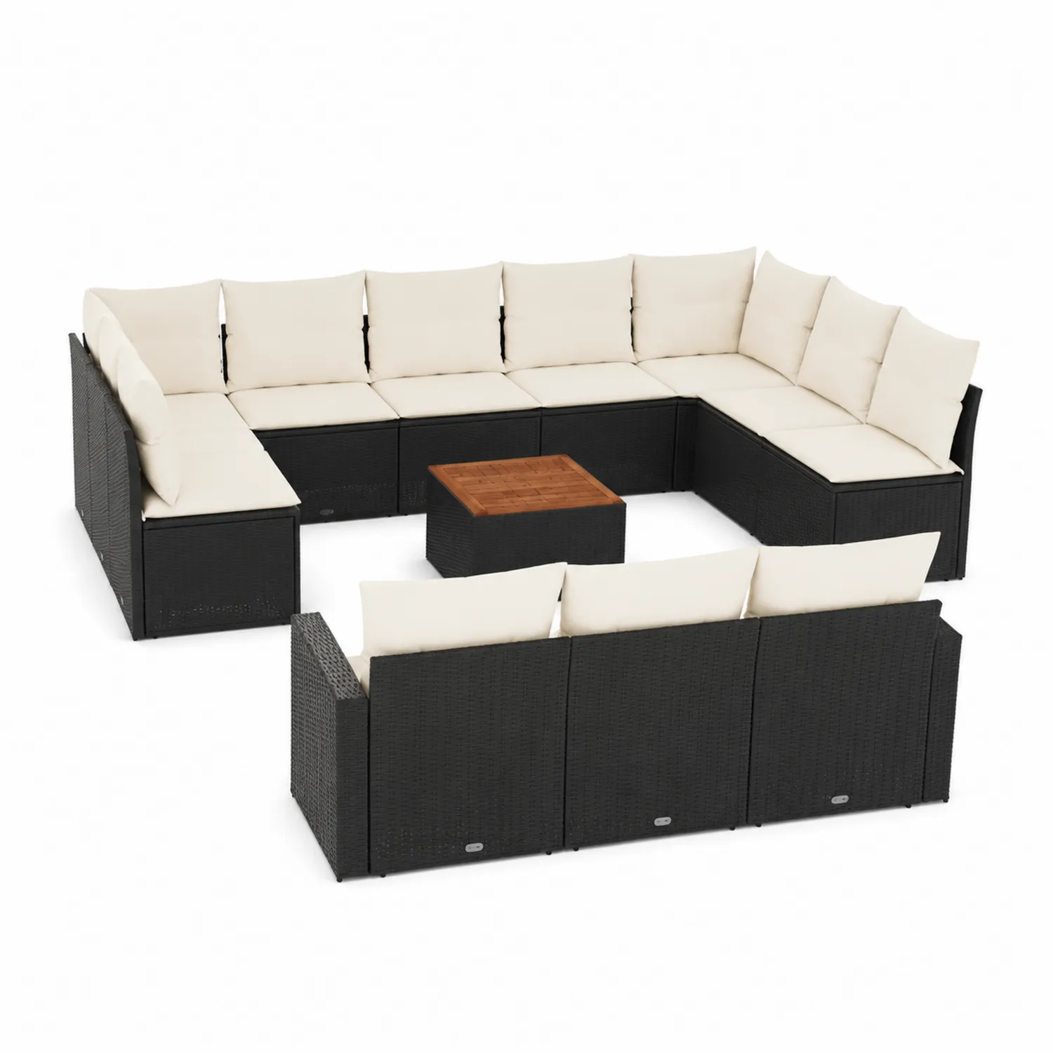 Ensemble de canapé modulable en rotin synthétique noir avec coussins beiges et table basse en bois-Belcouratelier