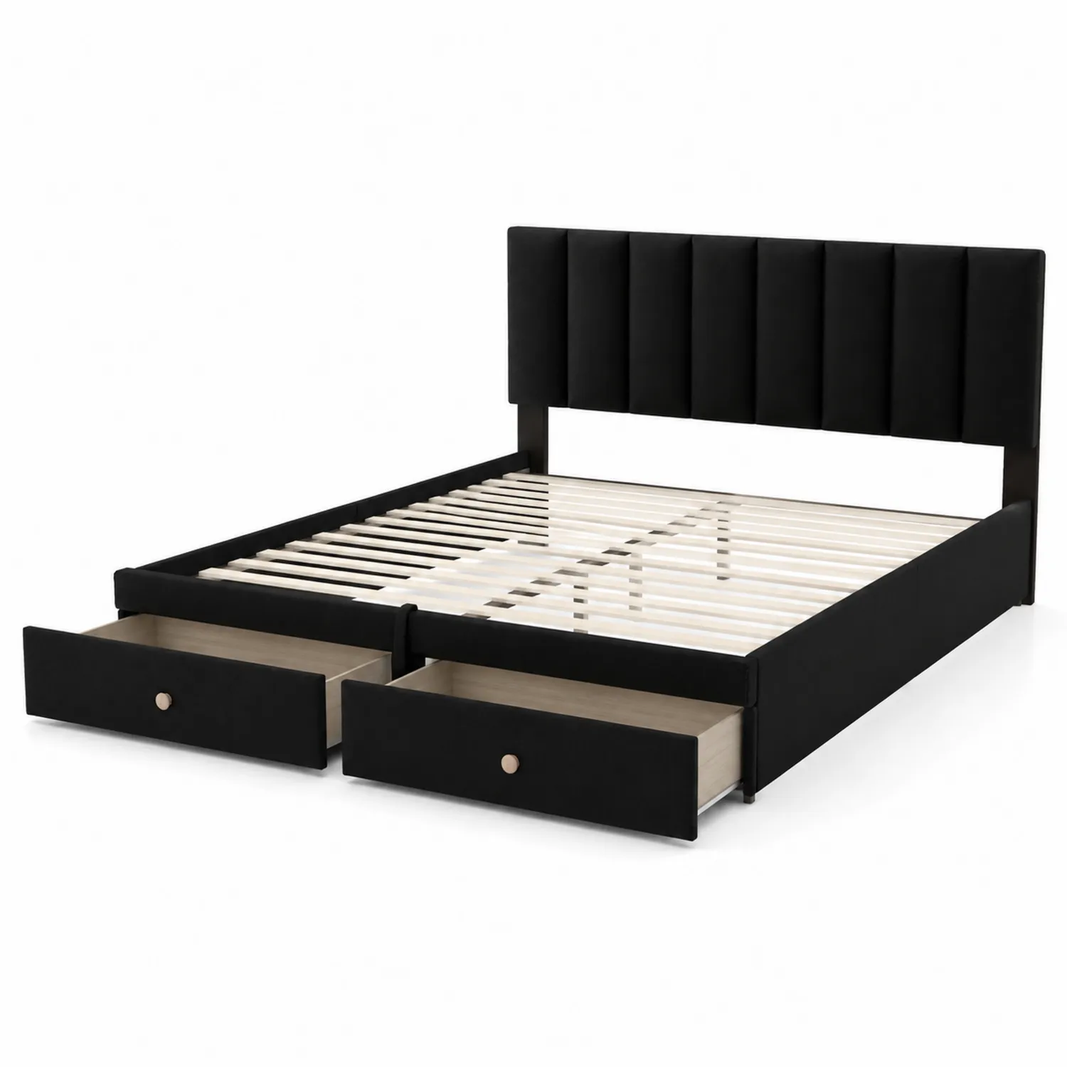 Lit double en métal et tissu noir avec tiroirs de rangement-Belcouratelier