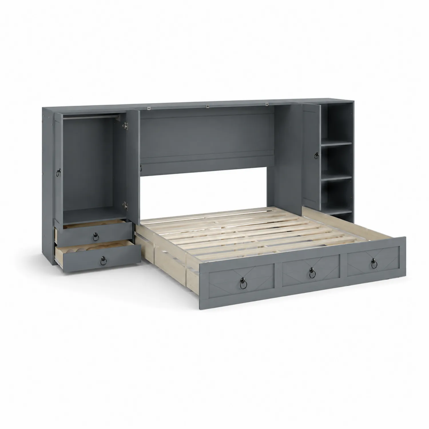 Lit en bois avec rangements et armoires Gris-Belcouratelier
