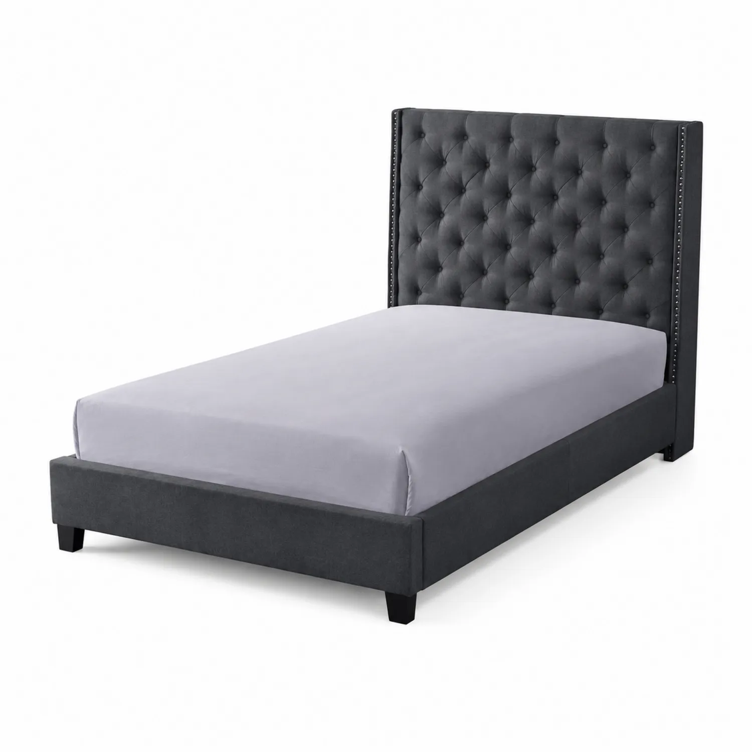 Lit simple en tissu avec tête de lit capitonnée en polyester Gris 200x100 cm-Belcouratelier