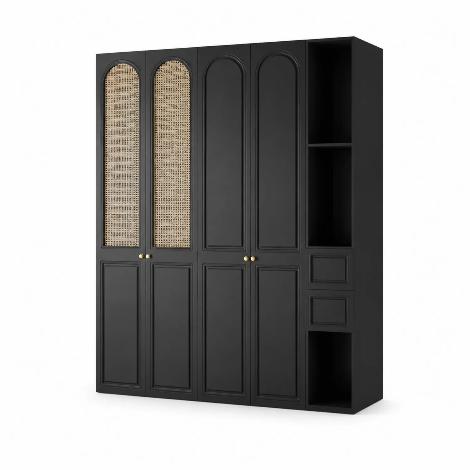 Armoire en bois noir avec portes en rotin, 4 portes, 2 tiroirs, étagères-Belcouratelier