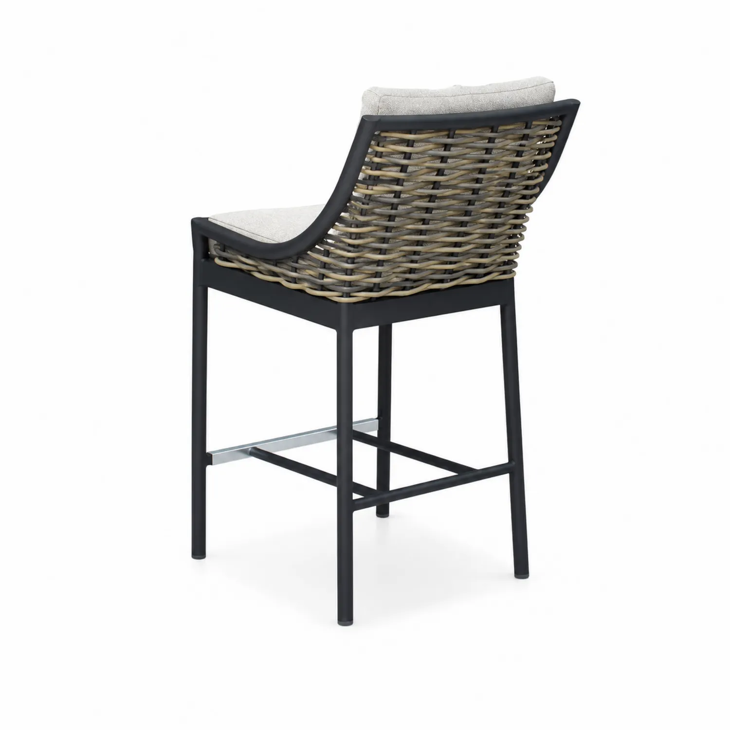 Tabouret de bar en rotin et aluminium avec coussin en tissu gris-Belcouratelier