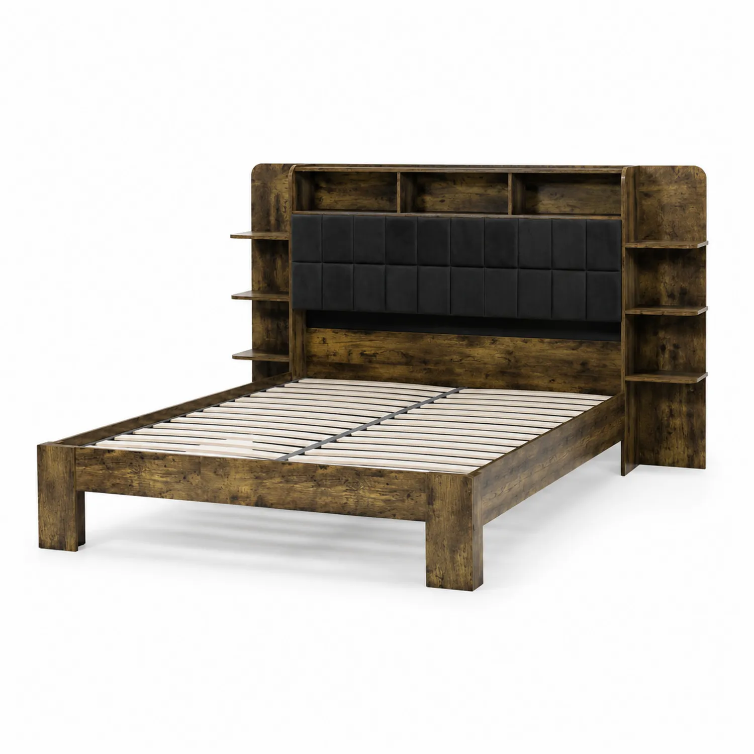Lit en bois avec étagères intégrées et tête de lit capitonné-Belcouratelier