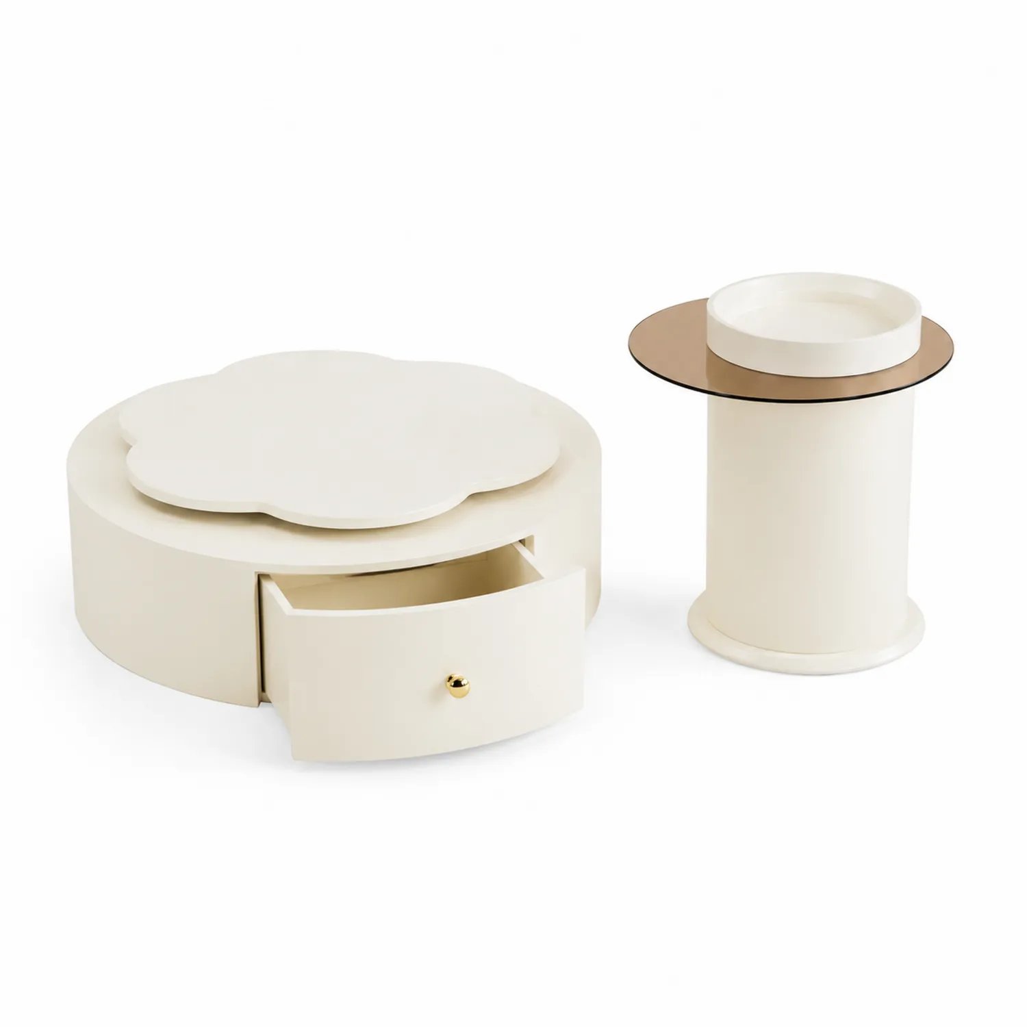 Table basse bois crème avec tiroir et table d'appoint en verre-Belcouratelier
