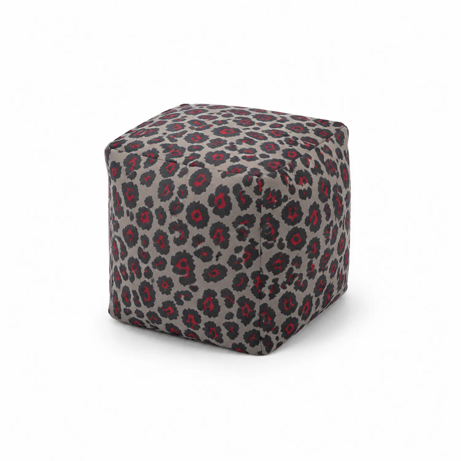 Pouf cubique en tissu imprimé léopard Gris et Rouge-Belcouratelier