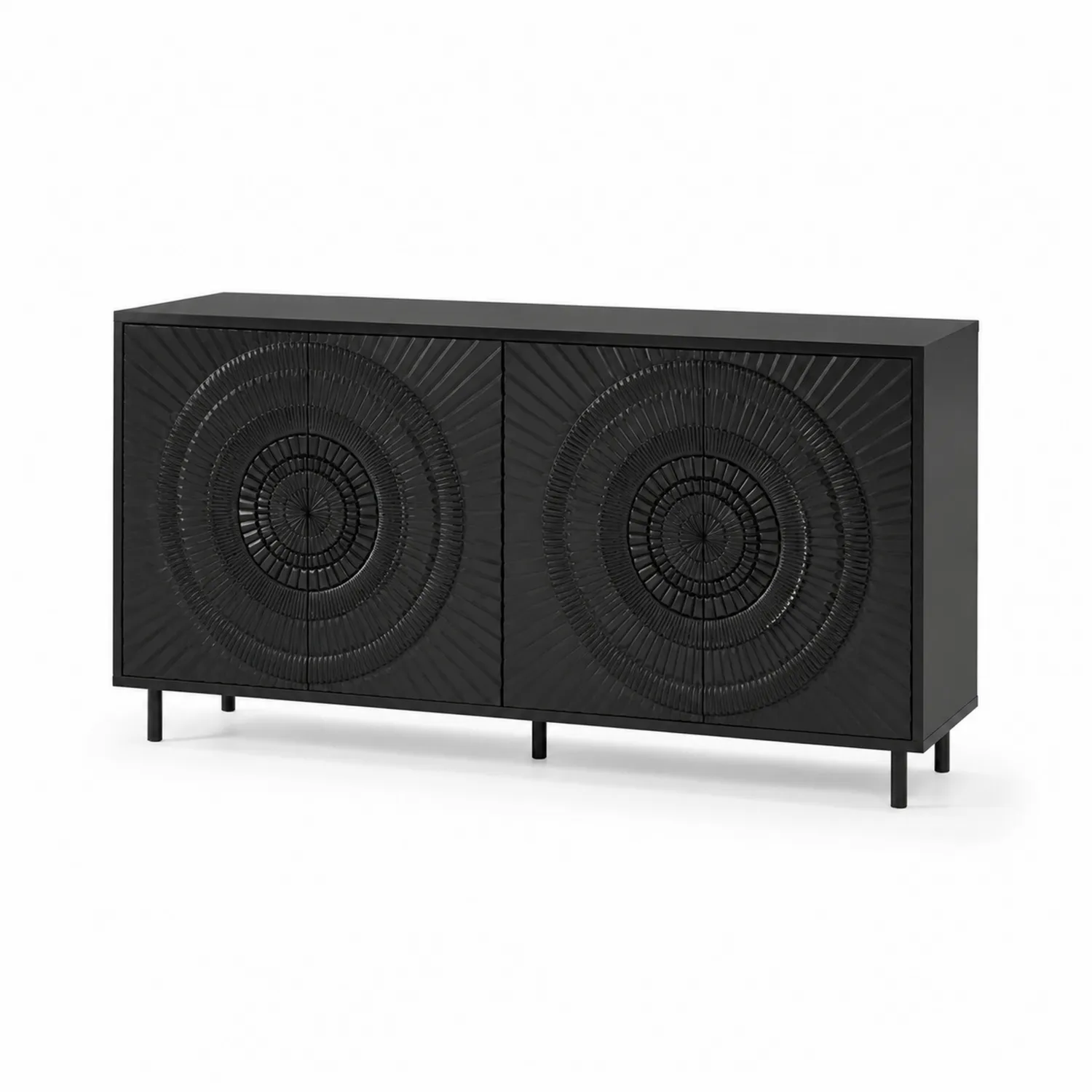 Buffet en bois noir avec portes sculptées motif circulaire 160x45x80cm-Belcouratelier