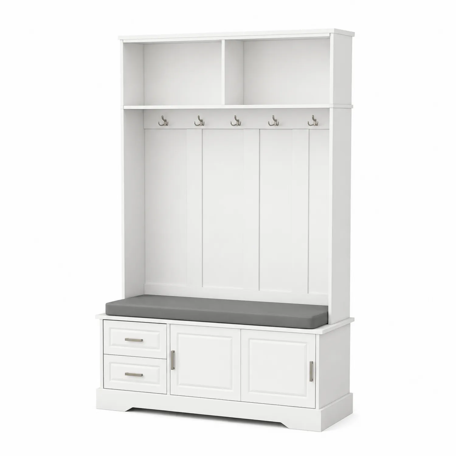 Meuble d'entrée en bois avec porte-manteaux et banc rembourré Blanc/Gris-Belcouratelier