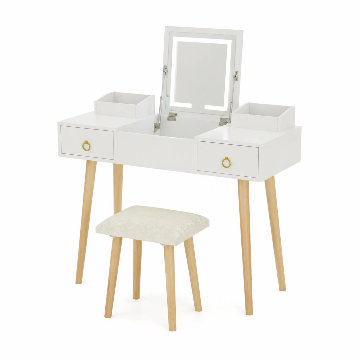 Coiffeuse en Bois MDF Blanc avec Miroir et Tabouret-Belcouratelier