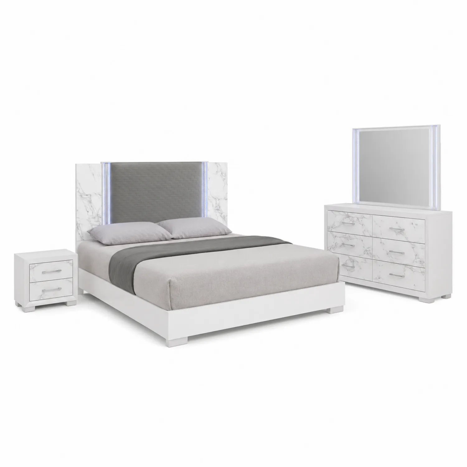 Ensemble de chambre à coucher lit double, Bois finition marbre, 160x200 cm, Blanc/Gris-Belcouratelier