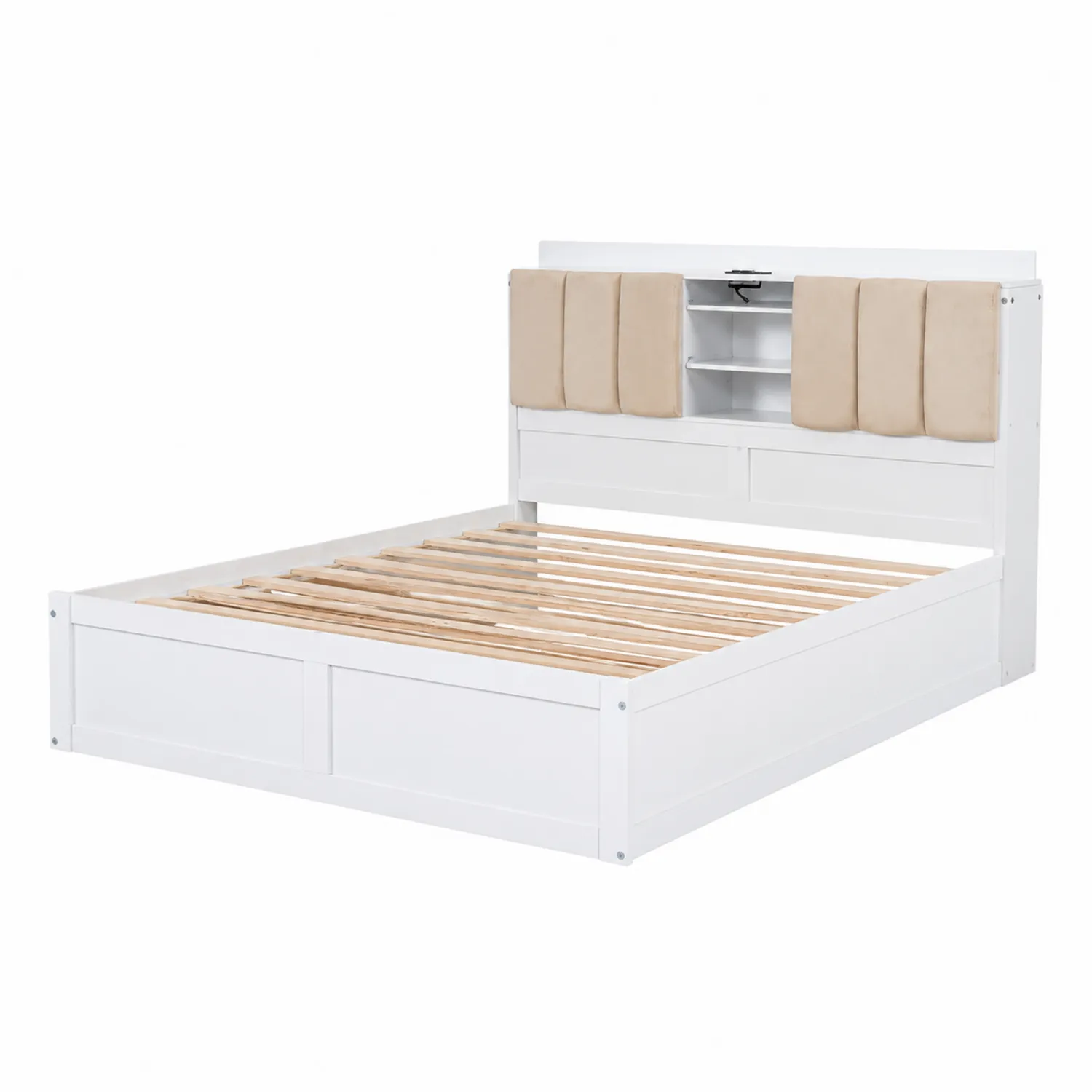Lit en Bois de Pin avec Rangement et Coussins Beiges 200x160 cm Blanc-Belcouratelier