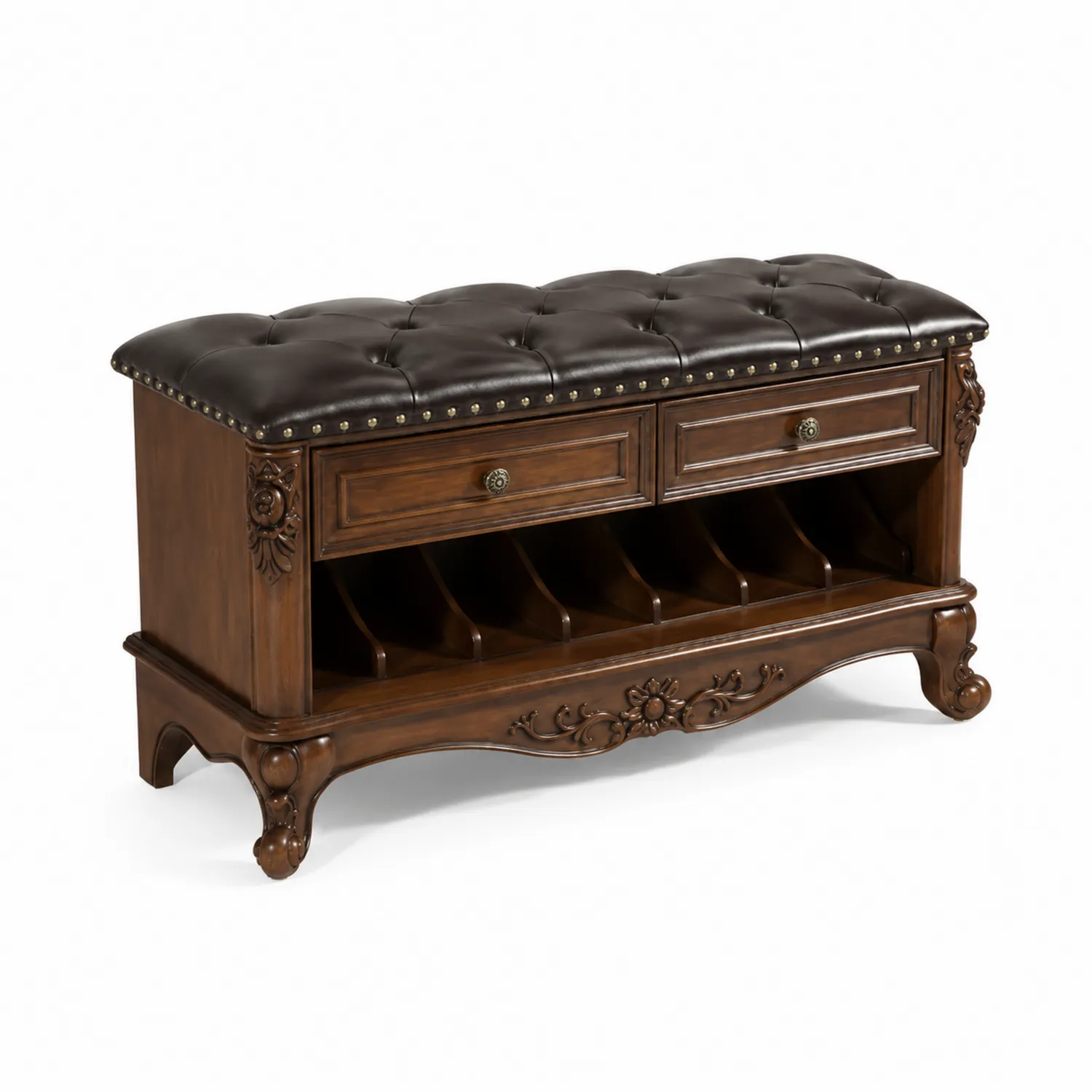 Banc de rangement en bois avec coussin en cuir marron-Belcouratelier