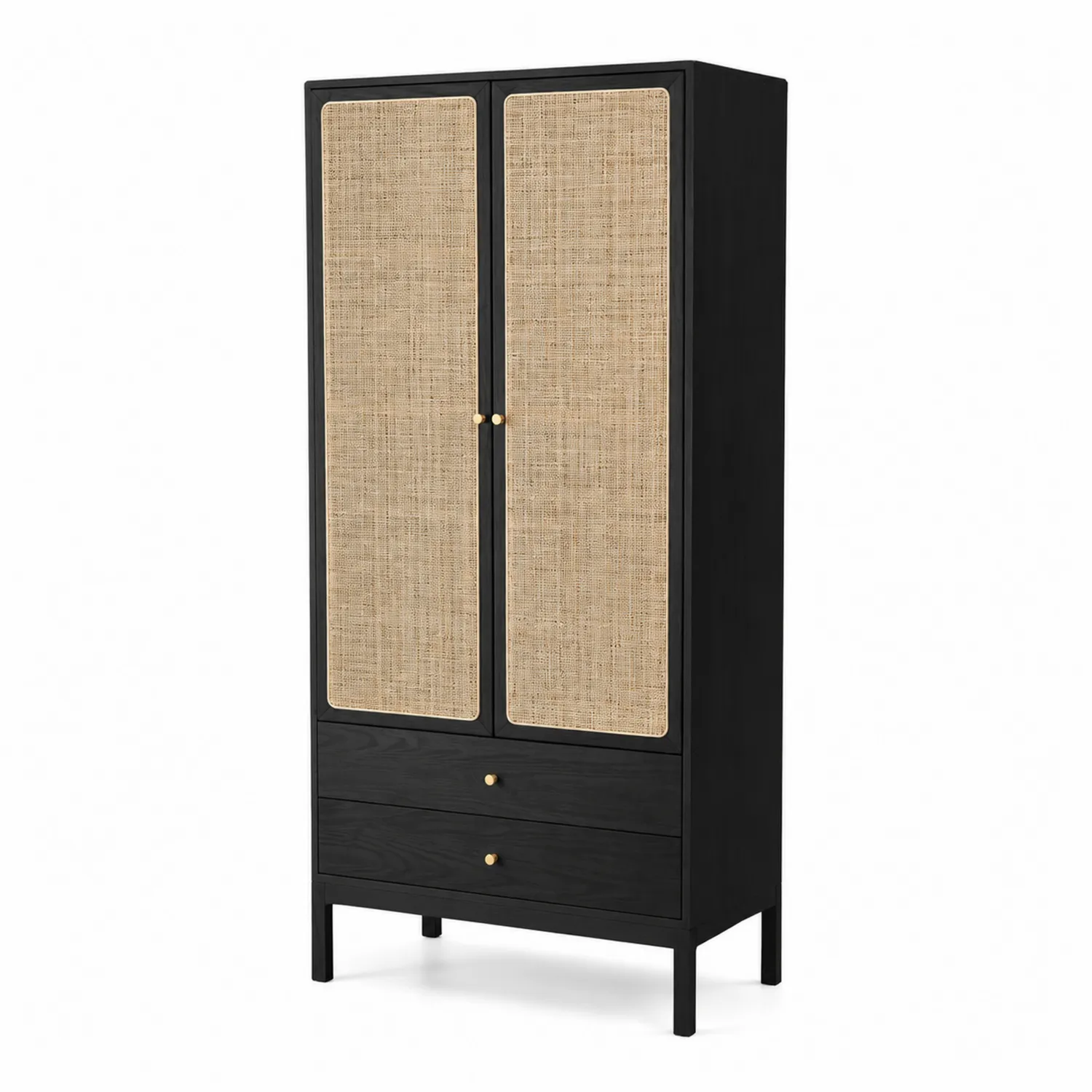 Armoire en bois avec portes en rotin, noire et beige-Belcouratelier