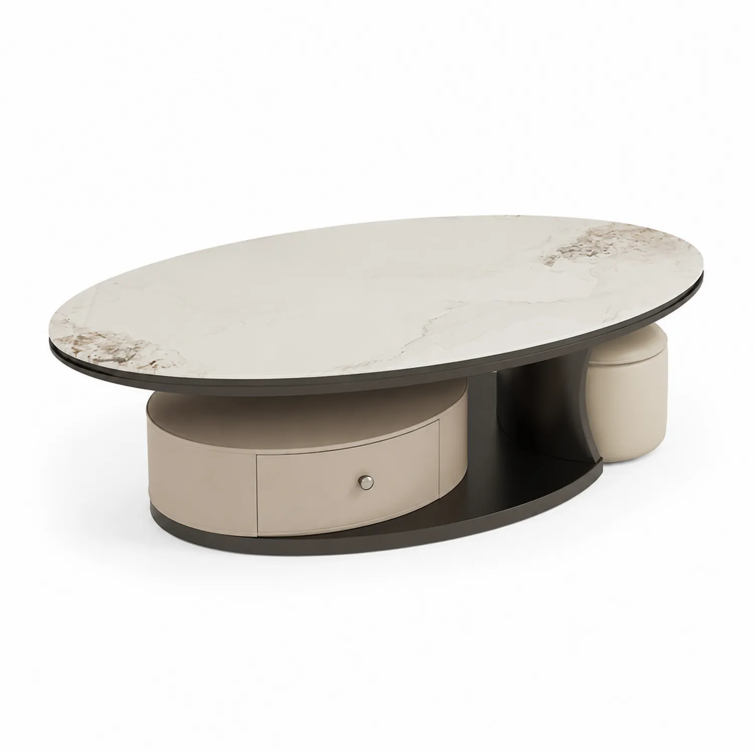 Table basse ovale en céramique avec tiroirs et pouf intégré-Belcouratelier