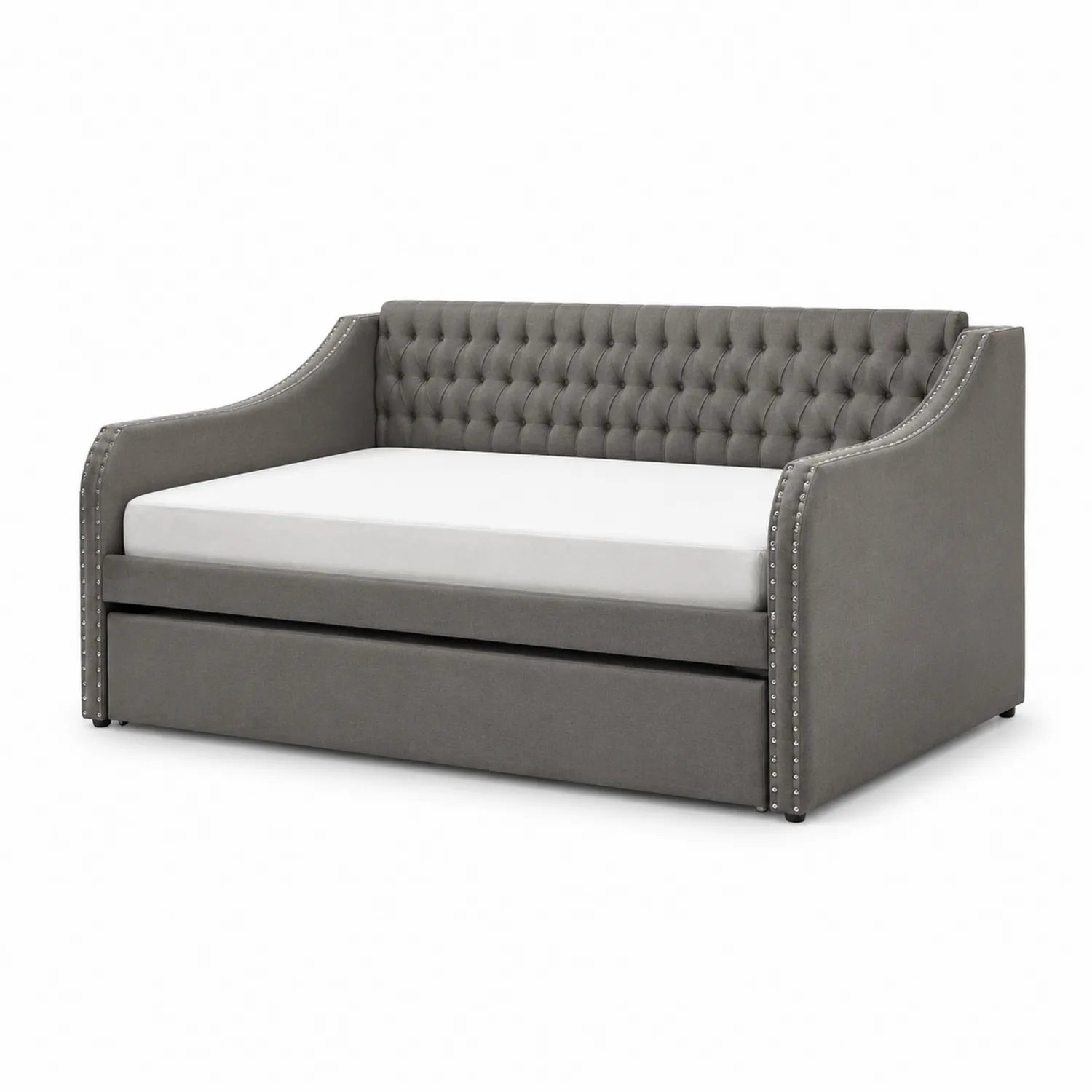 Lit de jour en tissu gris avec sommier gigogne-Belcouratelier
