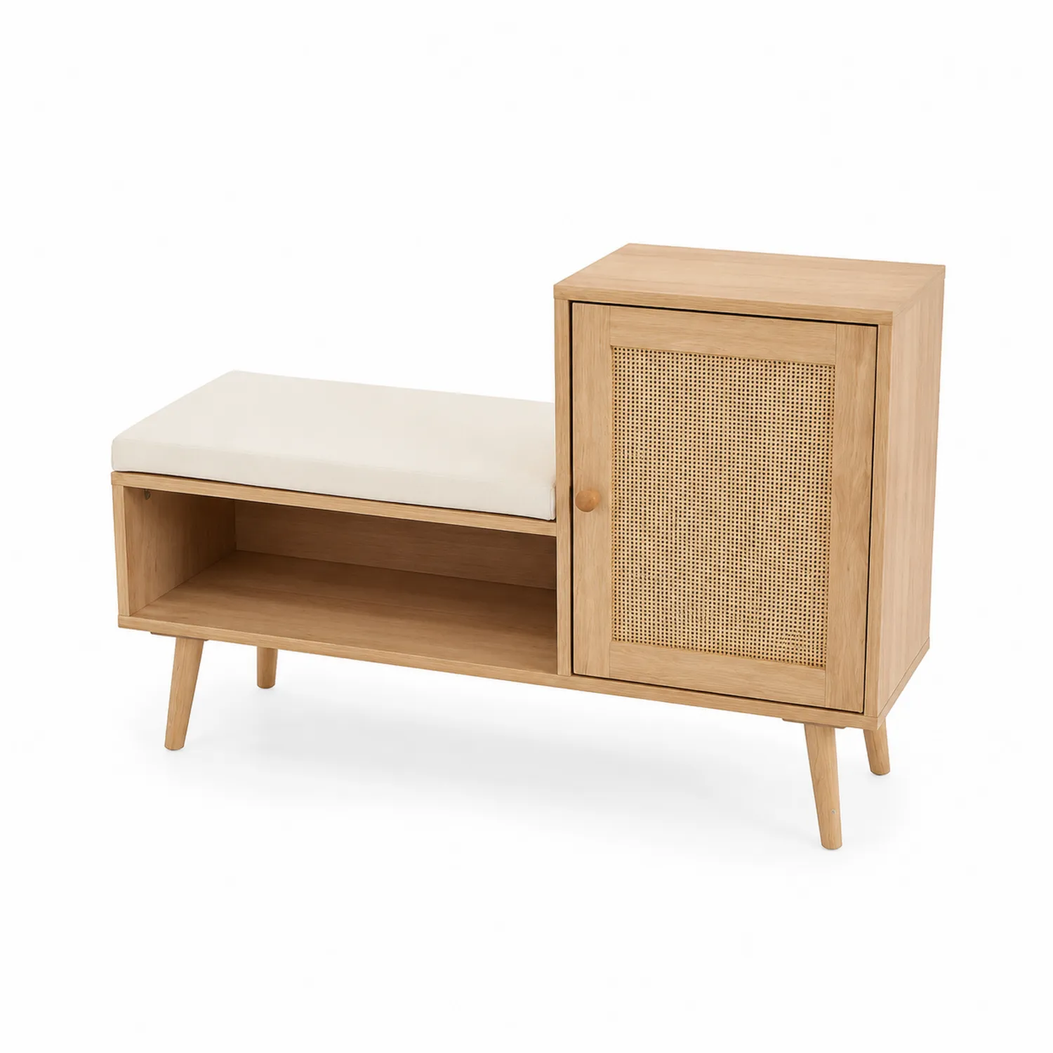 Banc de rangement en bois avec coussin en tissu et porte en rotin-Belcouratelier