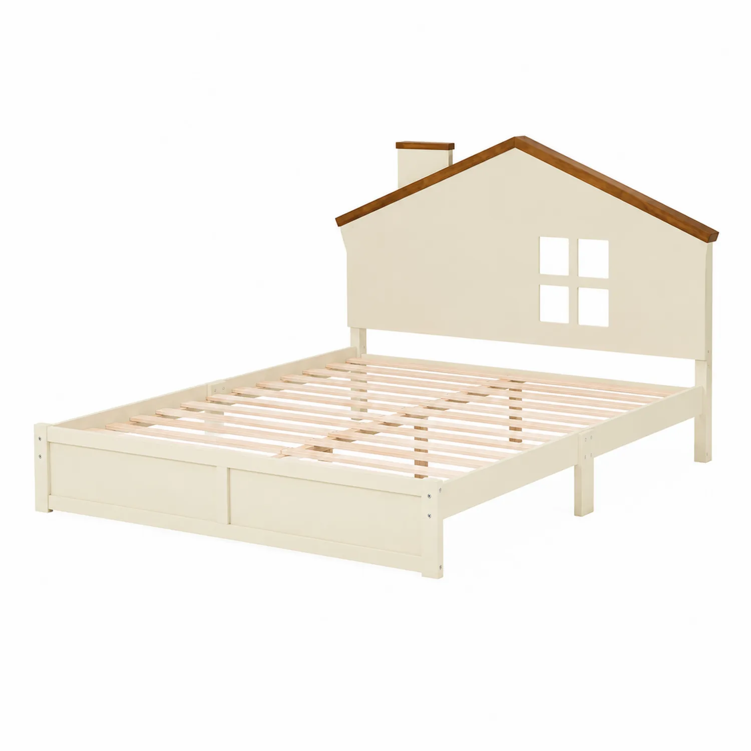 Lit enfant en bois de pin Crème et Marron avec tête de lit maison-Belcouratelier