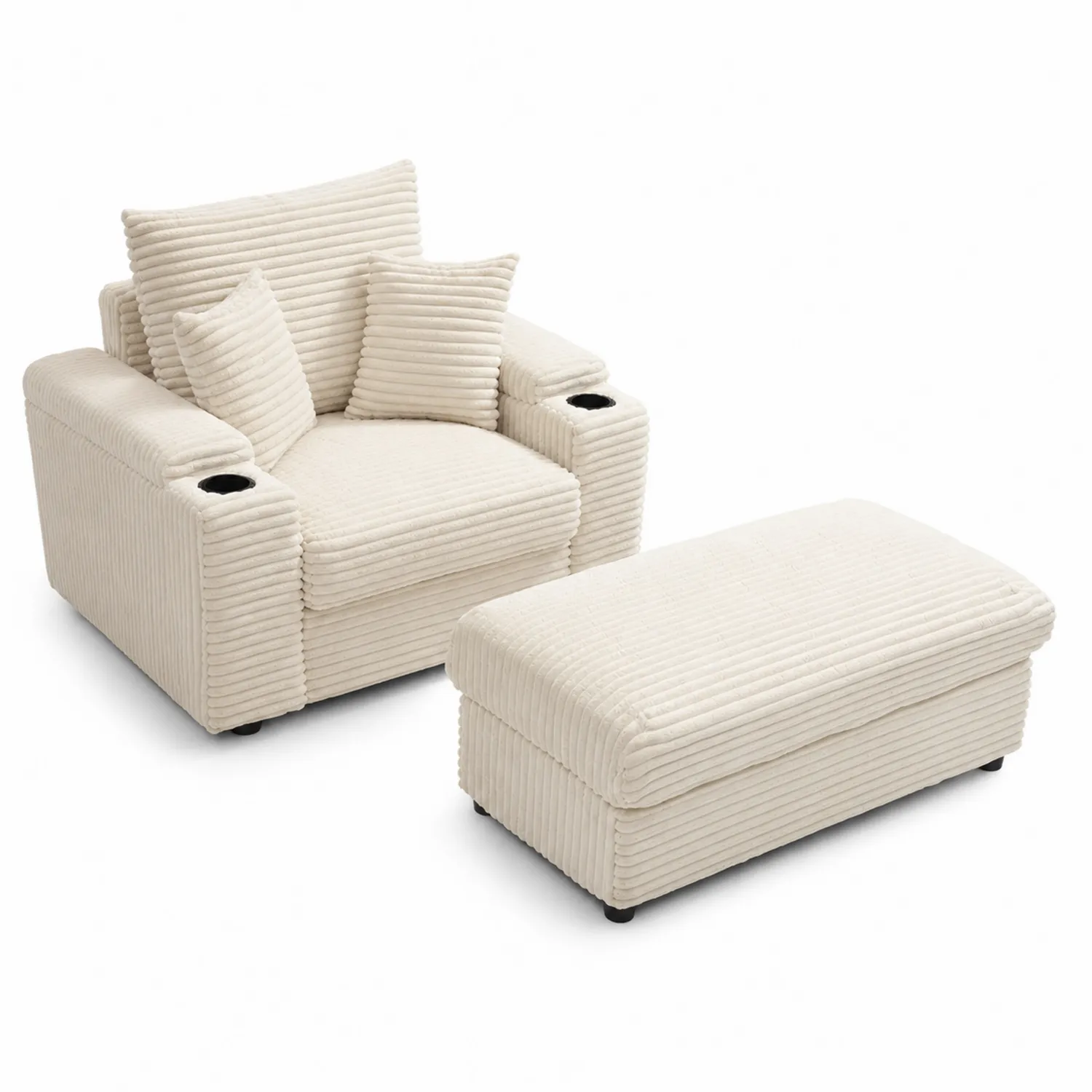Fauteuil et Pouf en Velours Côtelé Crème-Belcouratelier