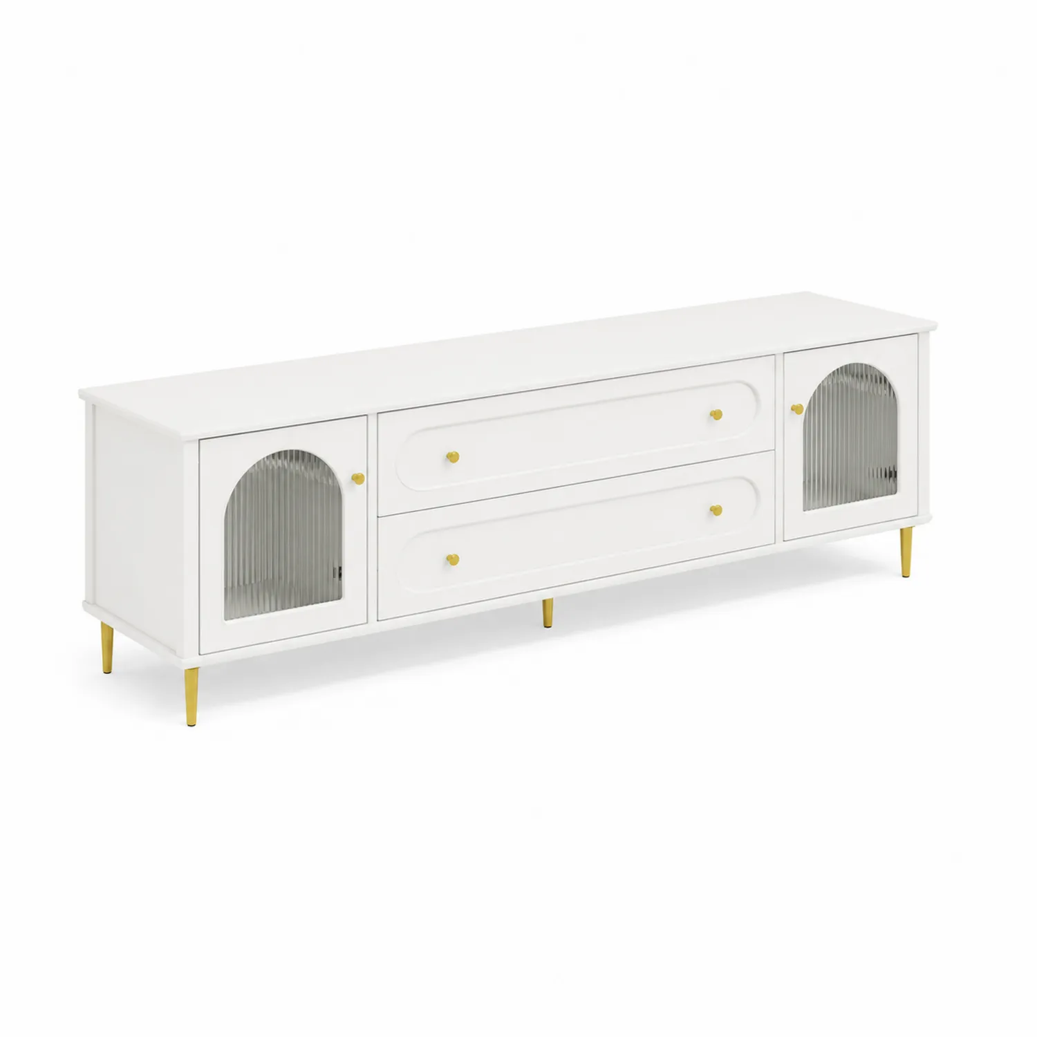 Meuble TV en bois MDF avec portes vitrées cannelées et pieds en métal doré 160 cm Blanc-Belcouratelier