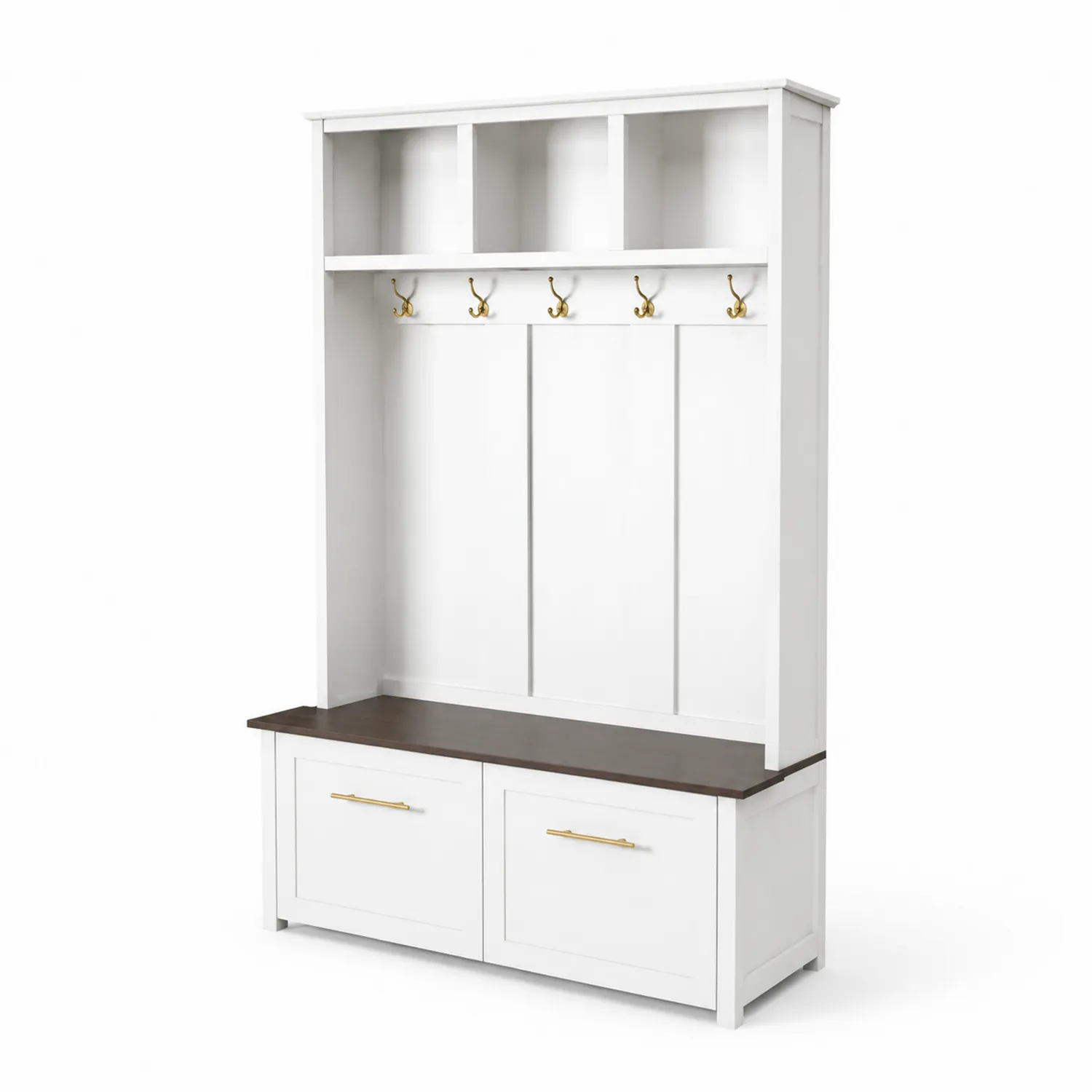Porte-manteau en bois avec banc et rangement - Blanc et Marron