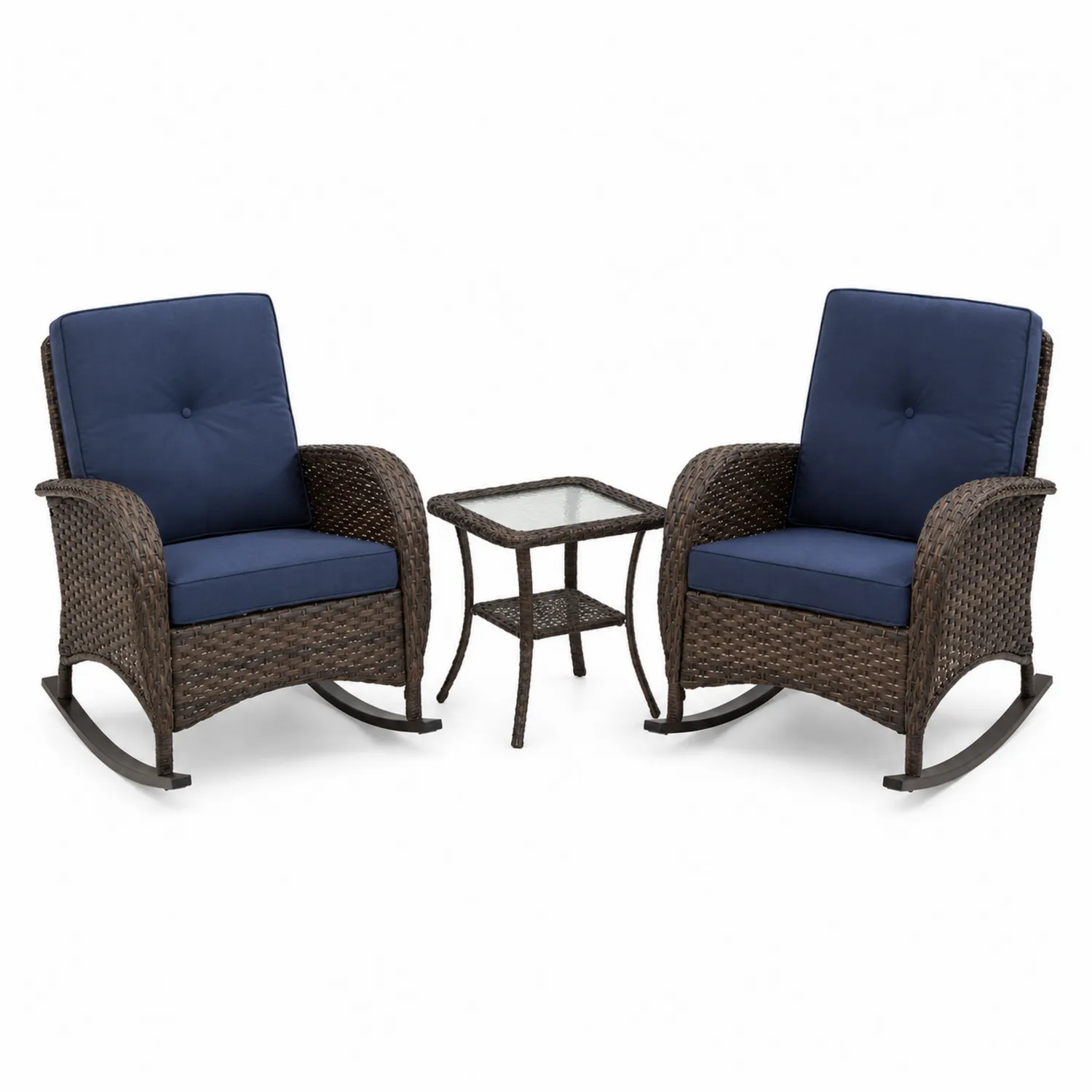 Ensemble de chaises à bascule en rotin avec table et coussins bleus