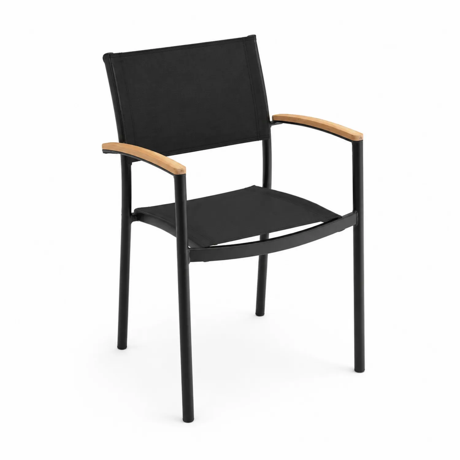 Chaise en métal avec accoudoirs en bois et tissu noir