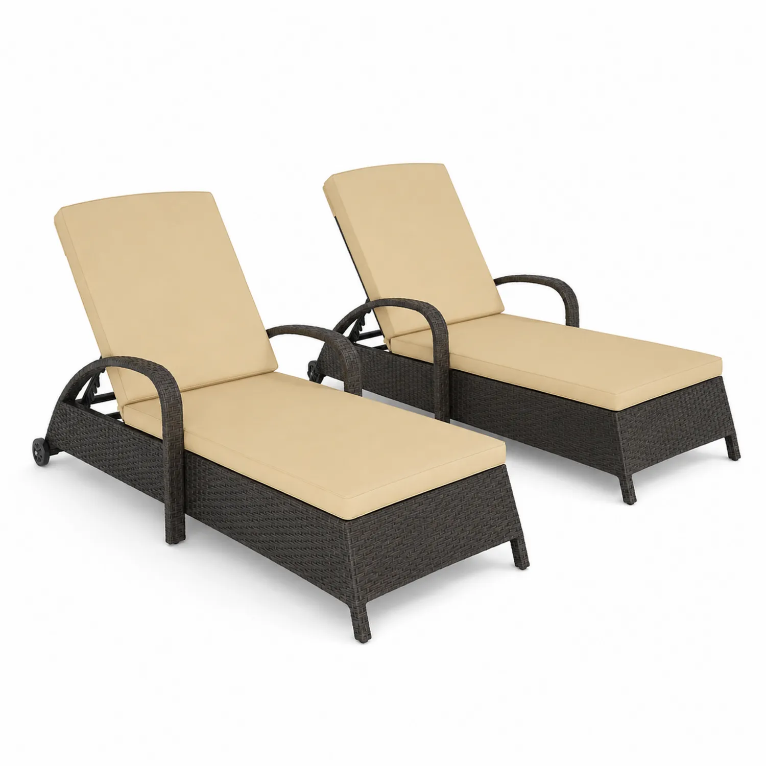 Chaises longues extérieures en résine tressée avec coussins beiges, lot de 2