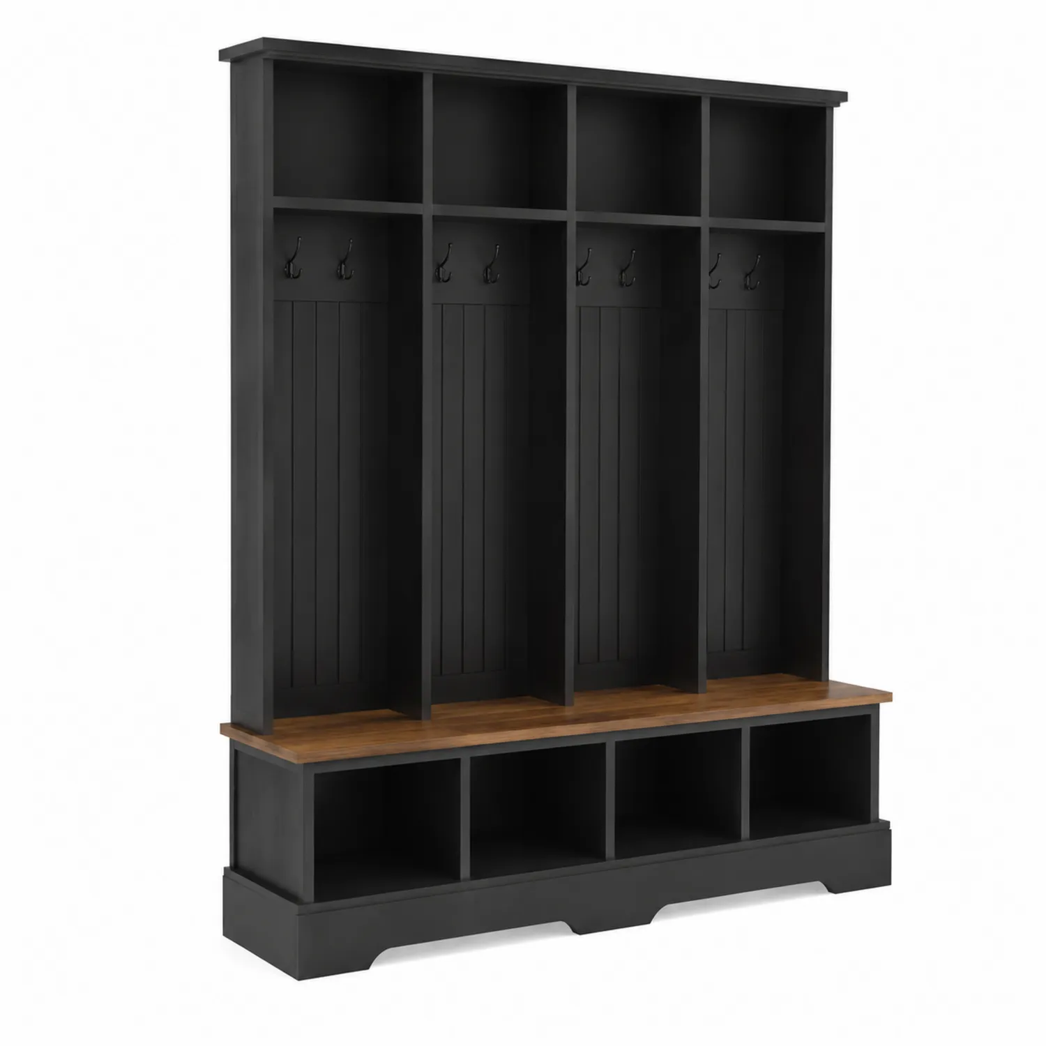 Porte-Manteaux en Bois Noir avec Banc en Chêne et Étagères