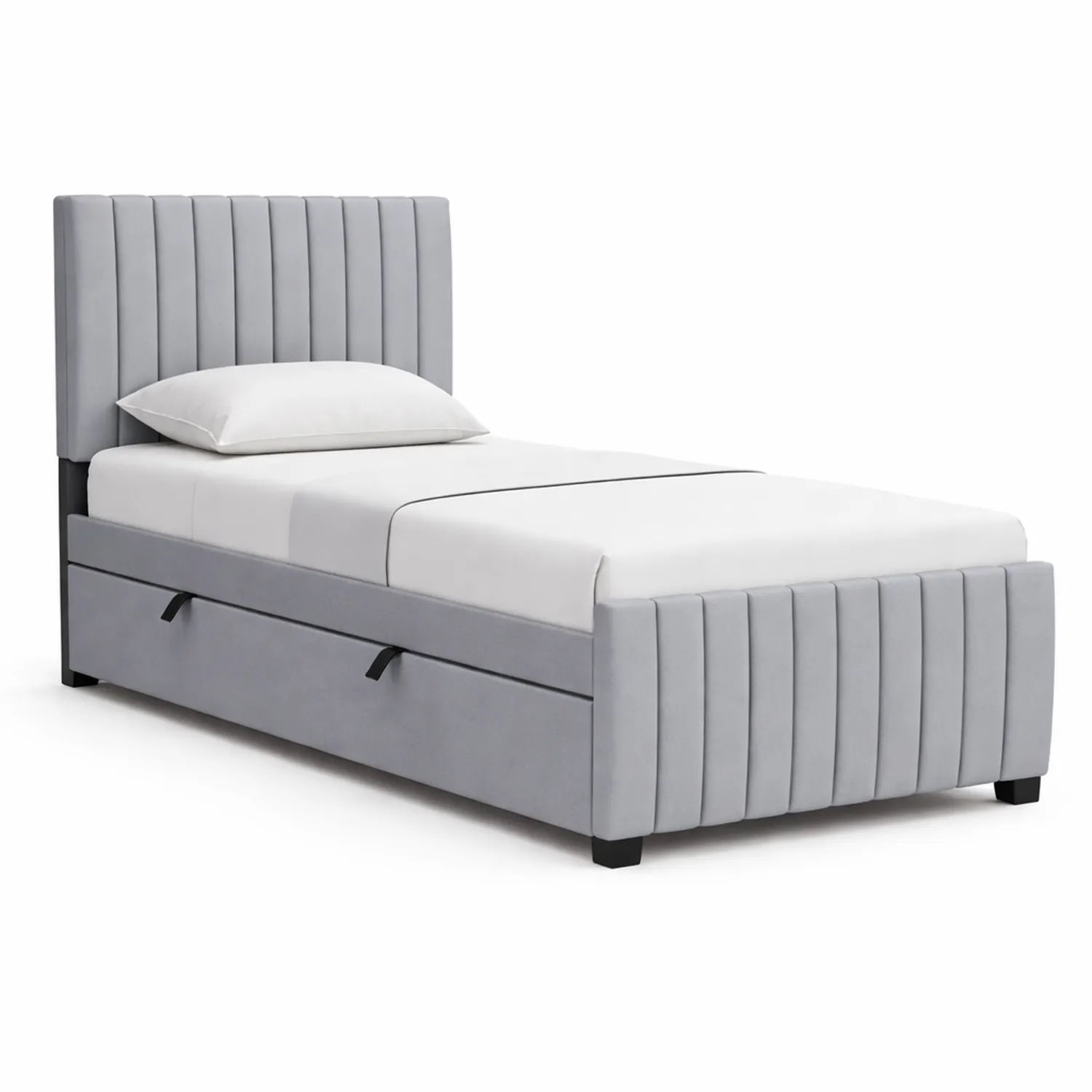 Lit simple en bois et tissu gris avec rangement intégré 200x90 cm