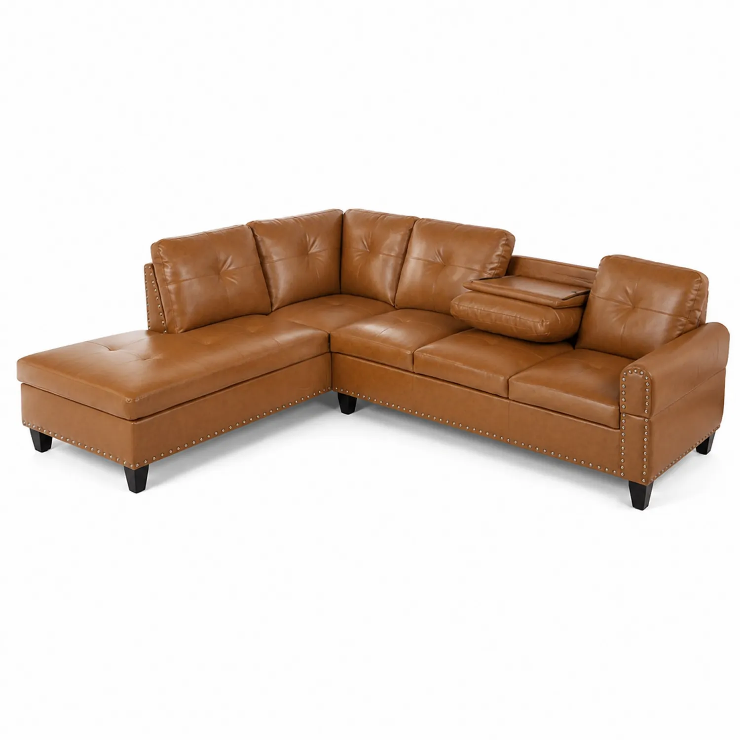Canapé d'angle en cuir synthétique marron avec méridienne