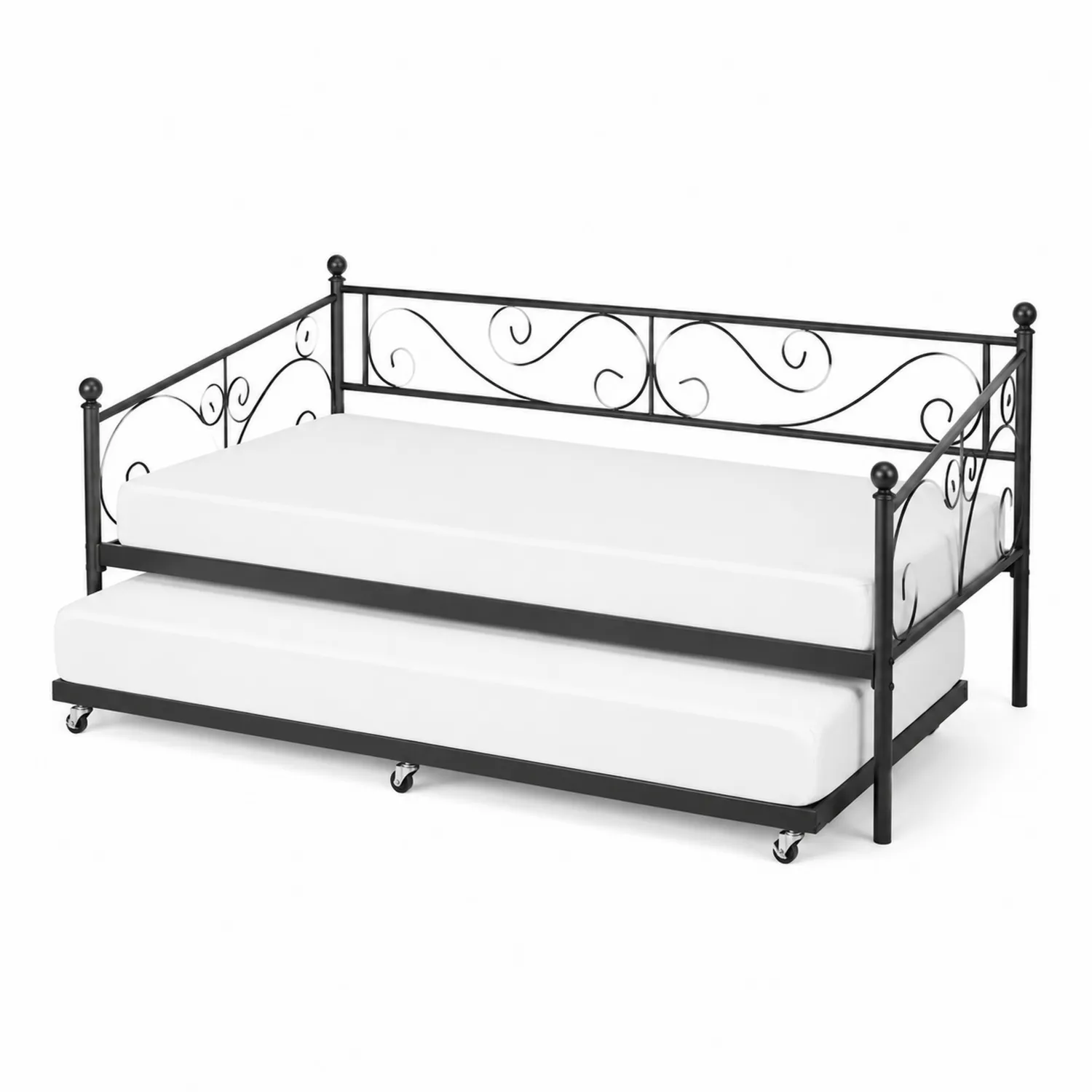 Lit de jour en métal noir avec matelas en mousse et lit gigogne
