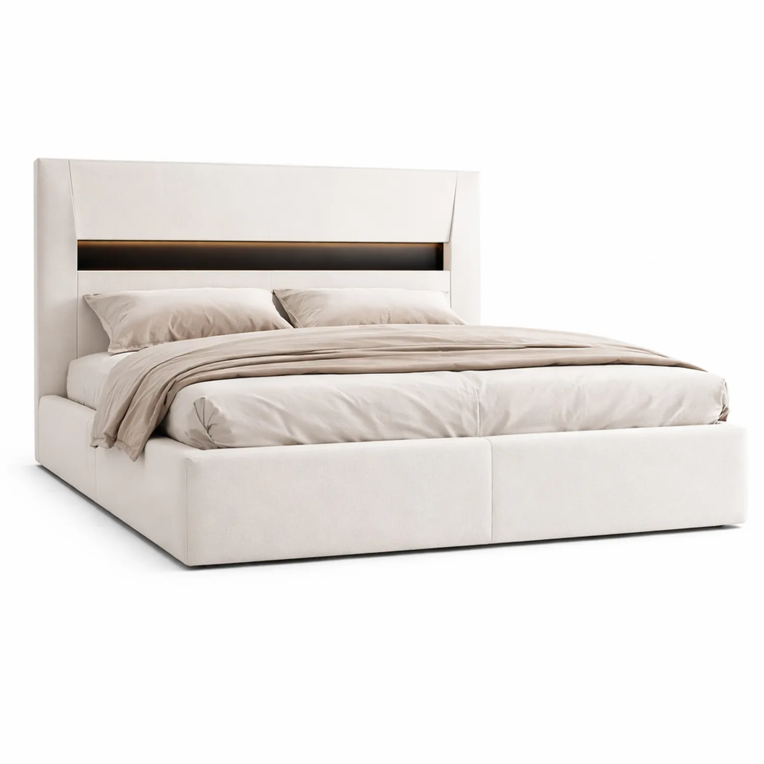 Lit double en tissu polyester avec tête de lit rembourrée 160x200 cm Beige