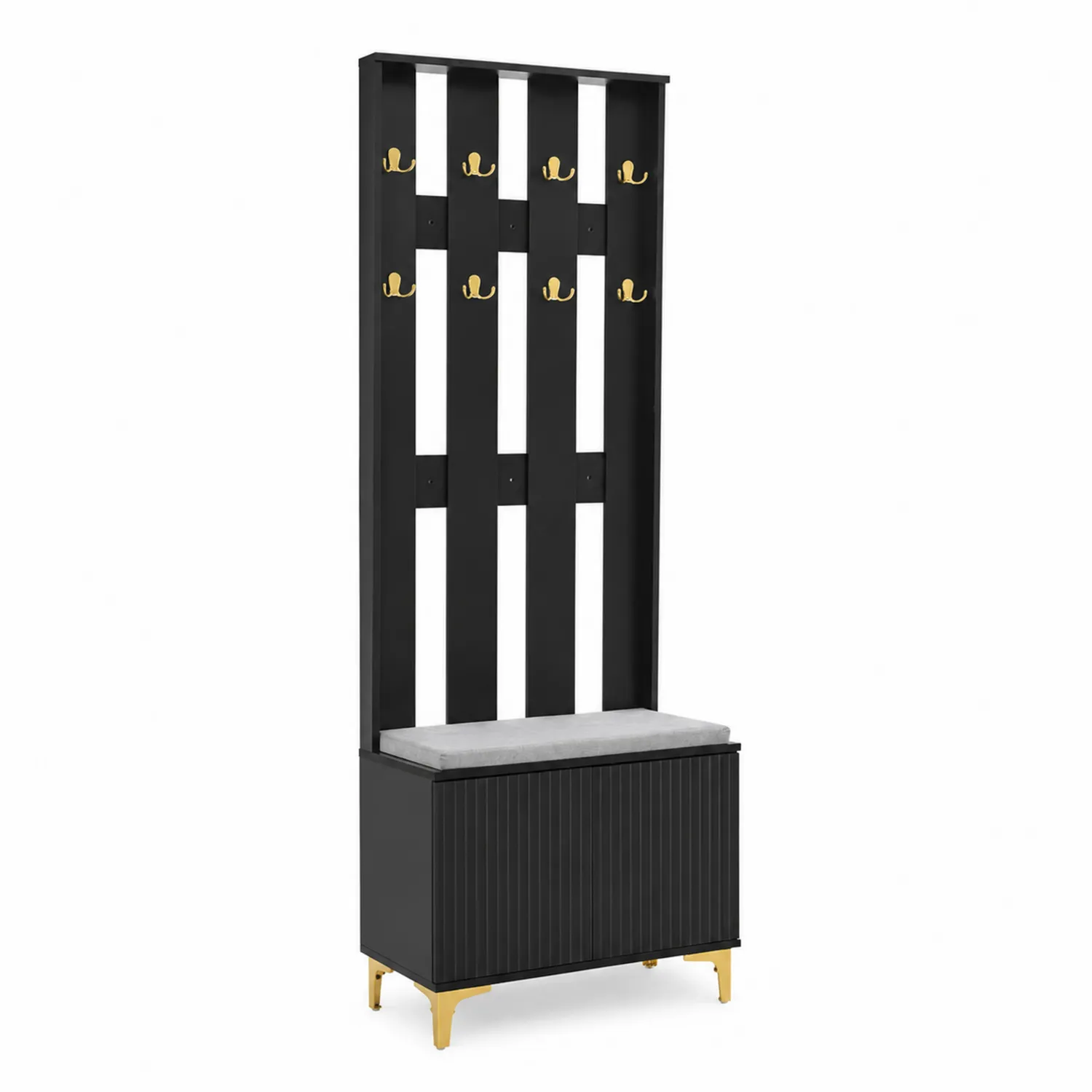Portemanteau en Bois MDF Noir avec Assise en Coussin Gris
