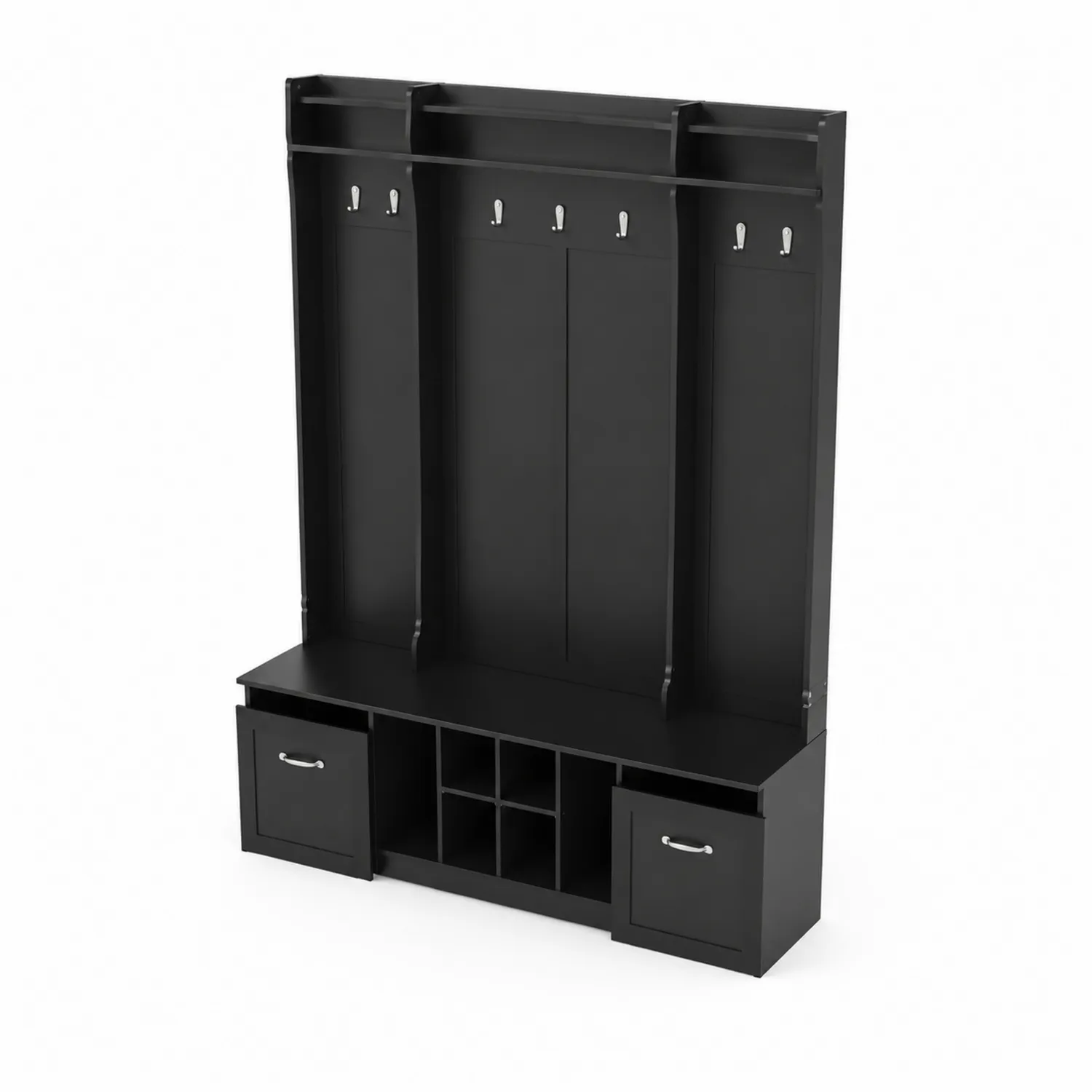 Porte-manteaux en Bois Noir avec Étagères et Tiroirs