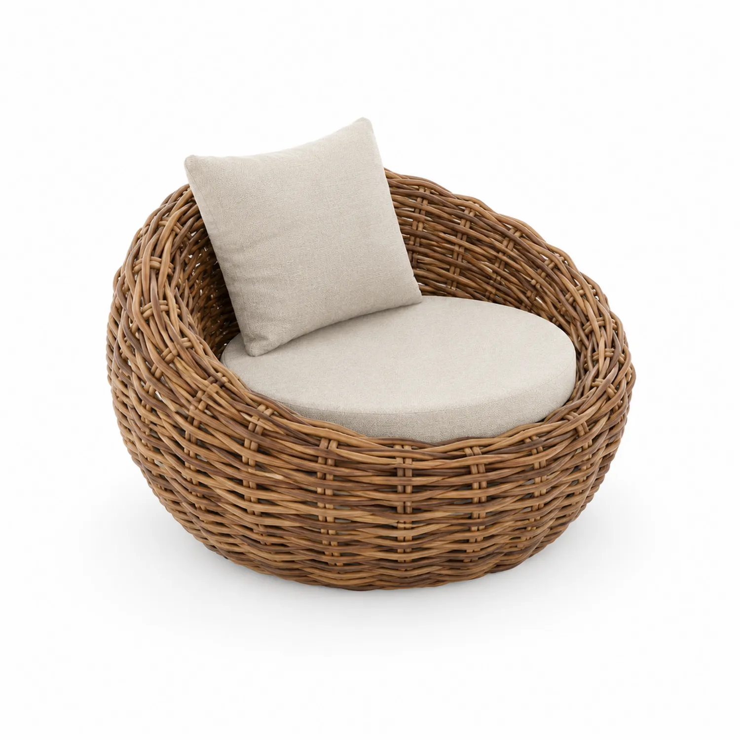Fauteuil rond en rotin avec coussins en tissu beige