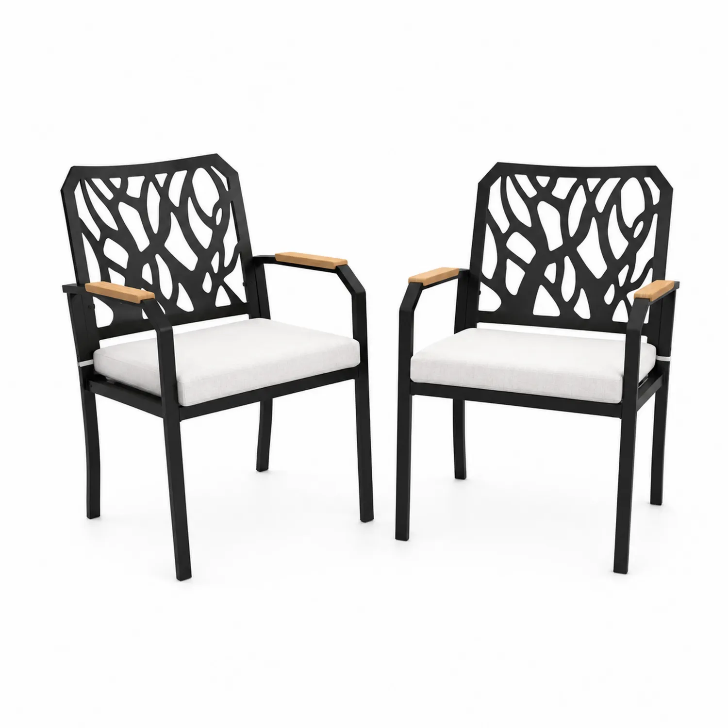 Paire de chaises de jardin en métal et teck avec coussins