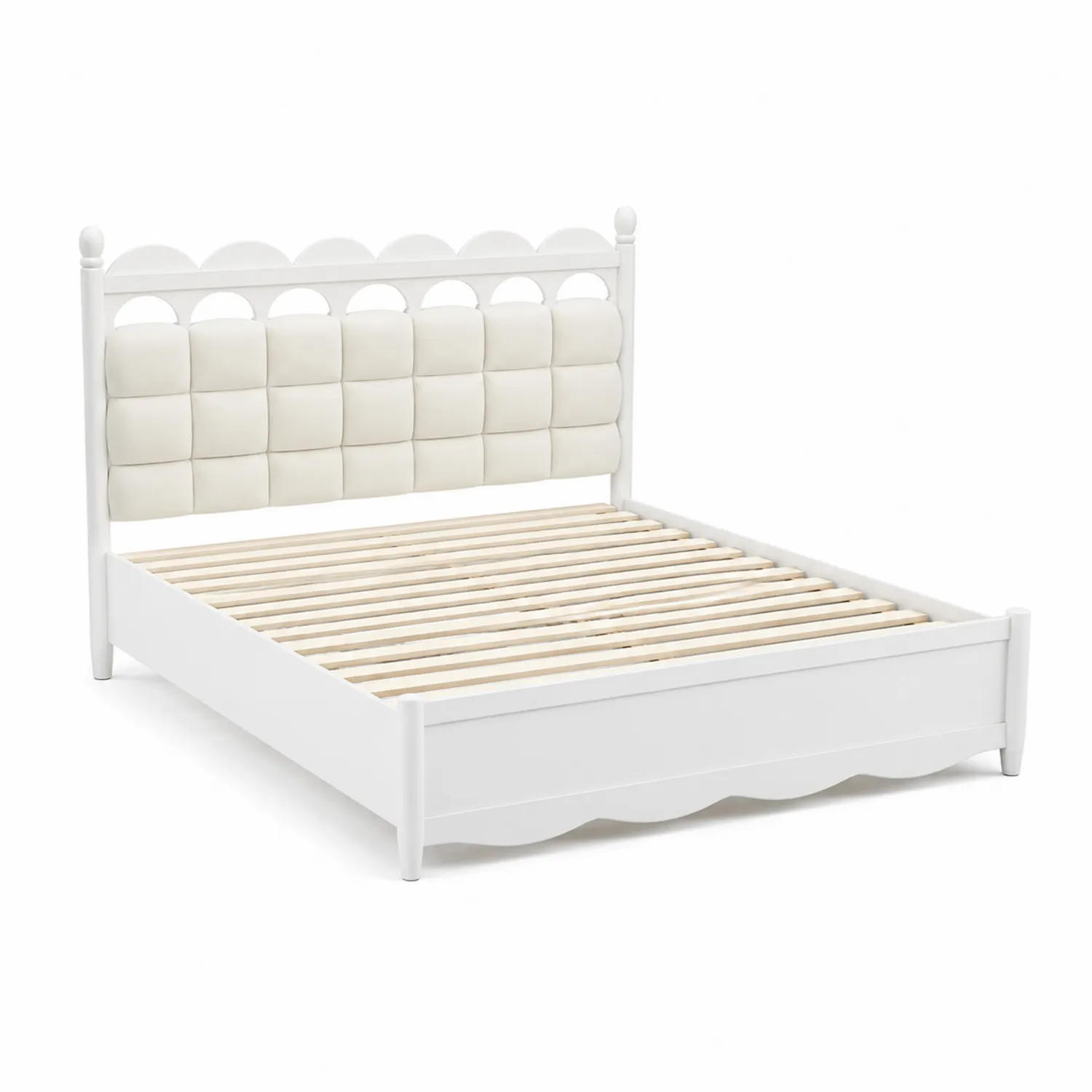 Lit double en bois avec tête de lit en polyester blanc 200x160 cm