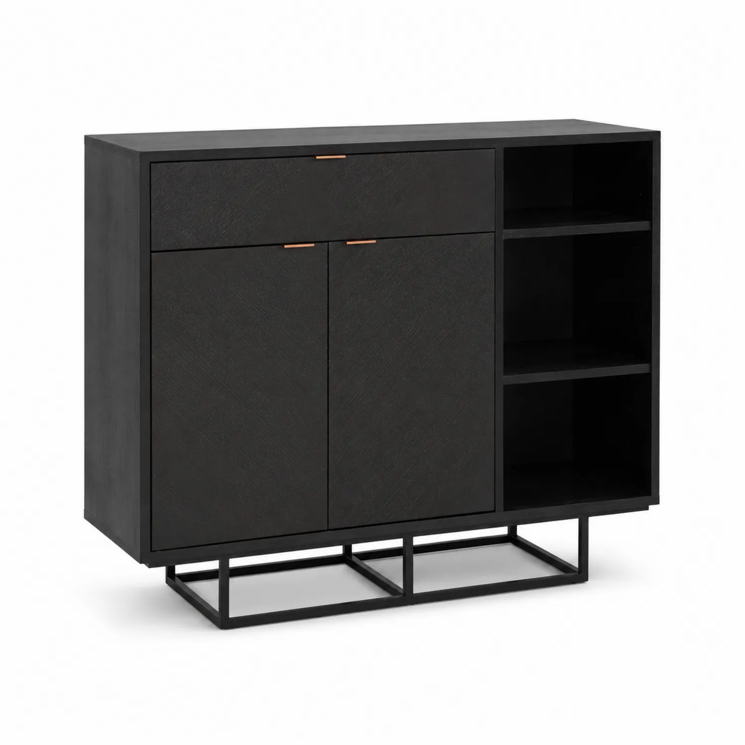 Buffet en bois noir avec étagères et tiroir