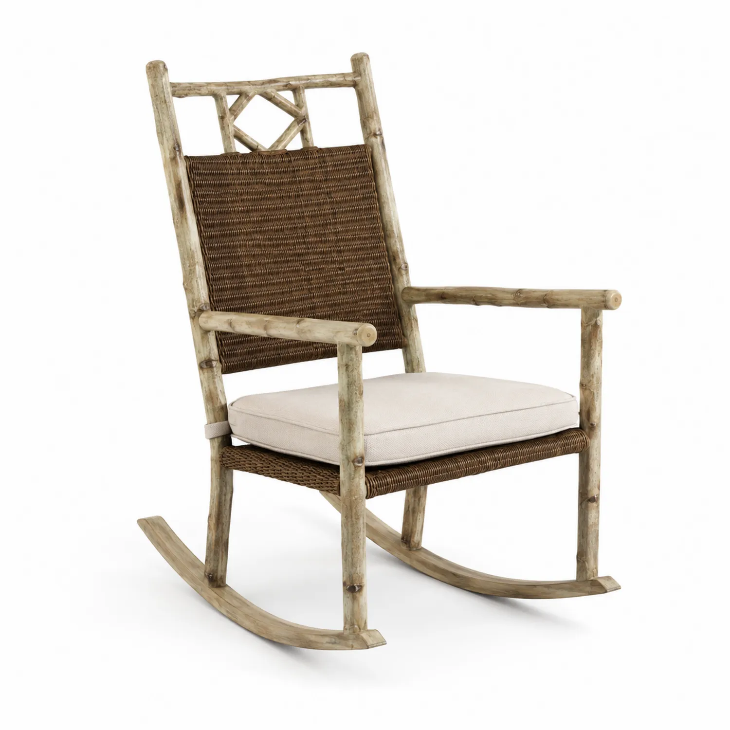 Chaise à bascule en osier et bois avec coussin beige