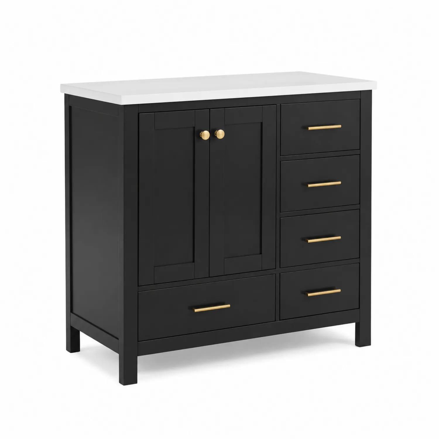 Meuble sous lavabo bois noir avec plateau blanc, 5 tiroirs et 2 portes