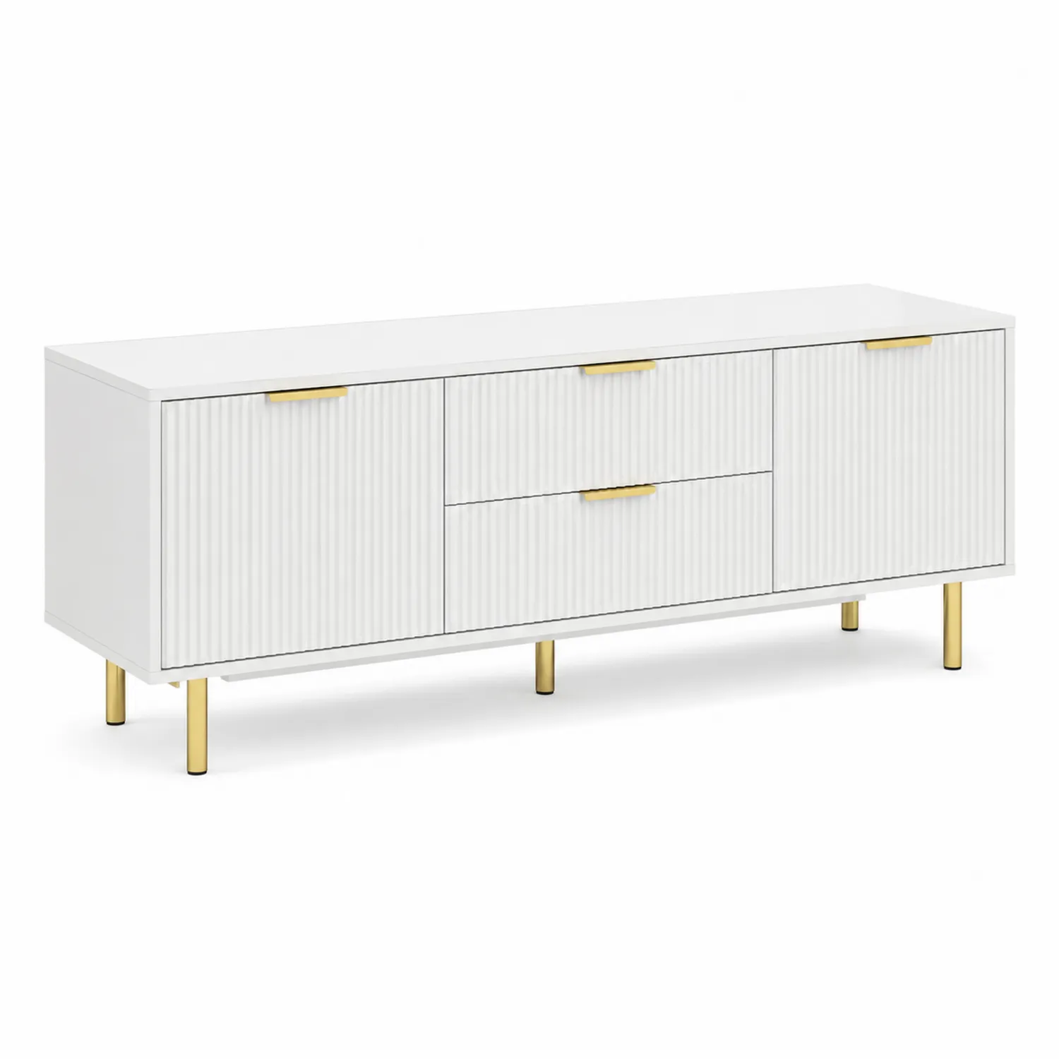 Buffet bas en MDF Blanc avec pieds en métal doré, 2 portes et 2 tiroirs, 180x45x60 cm