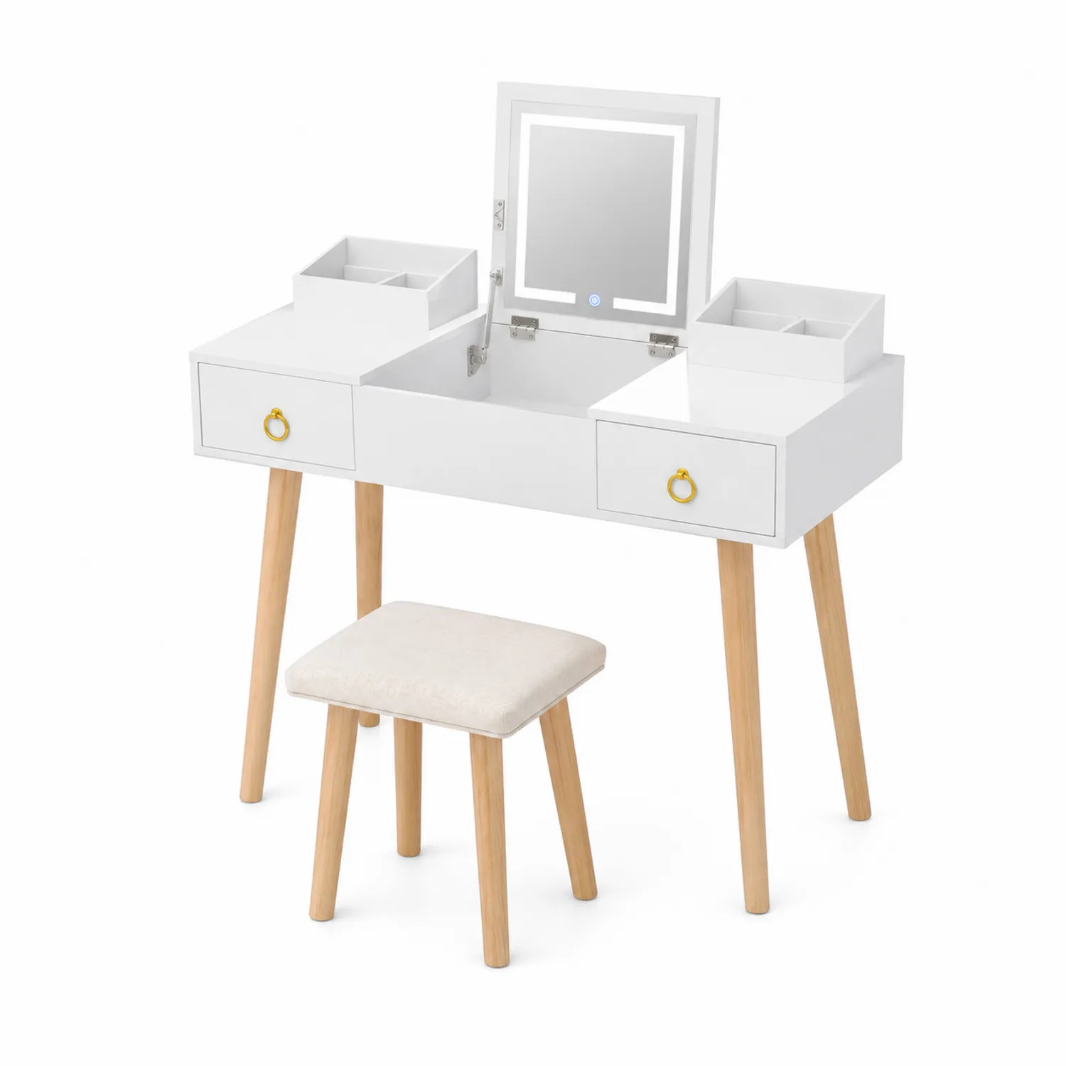 Coiffeuse en bois MDF blanc avec miroir LED et tabouret