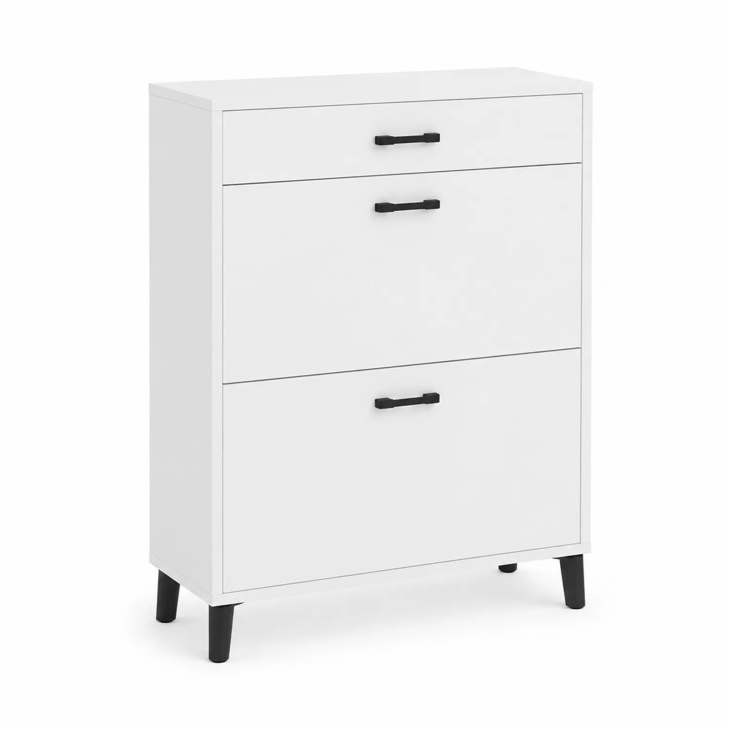 Meuble à chaussures en bois MDF blanc, poignées noires, 3 niveaux, 80 cm de large