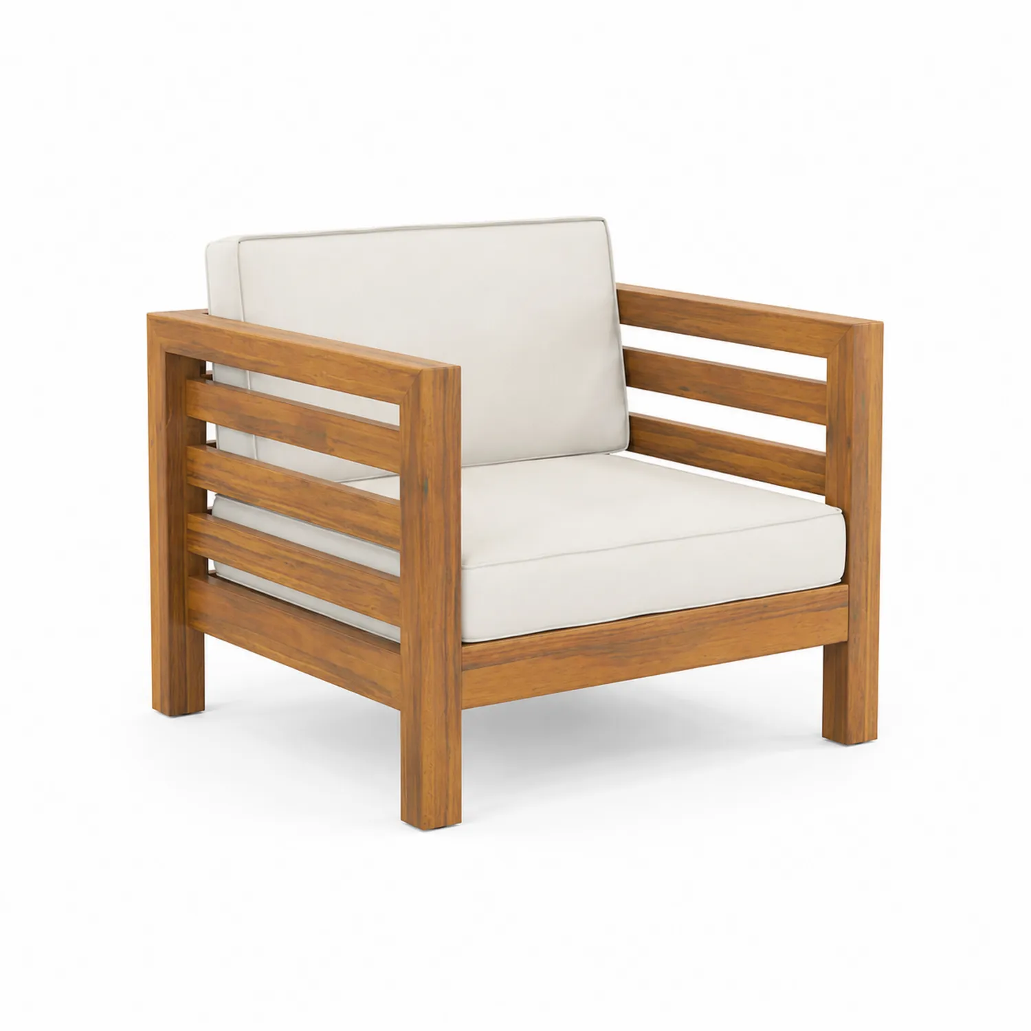 Fauteuil en bois avec coussins en tissu beige