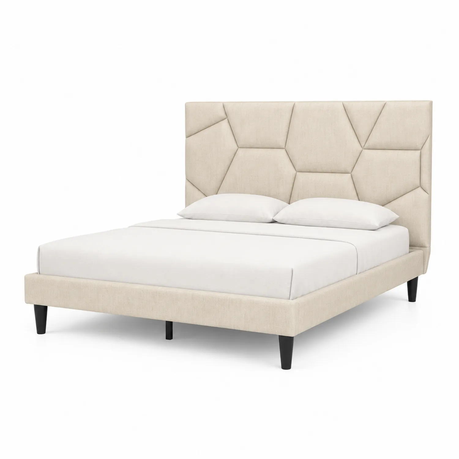 Lit double en tissu beige avec tête de lit matelassée et pieds en bois
