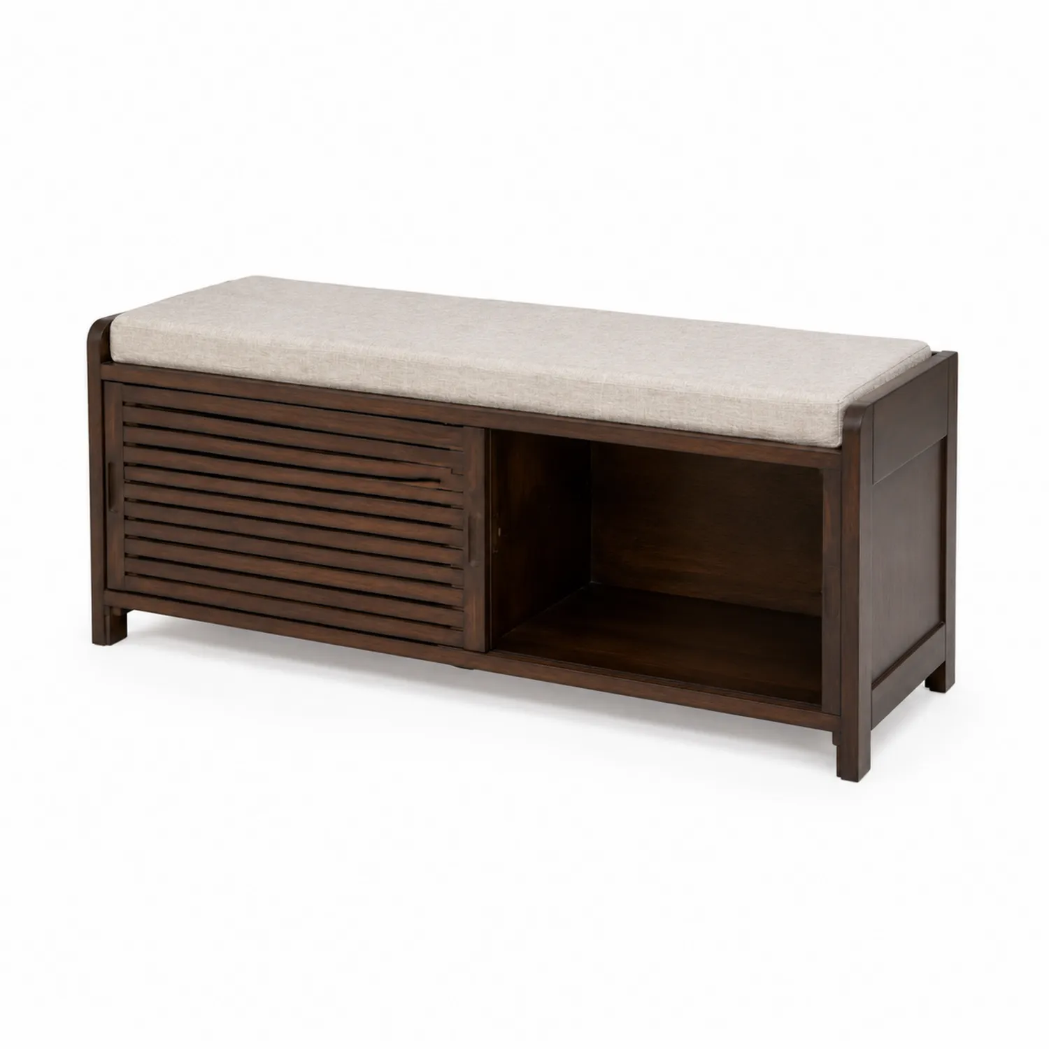 Banc de rangement en bois avec coussin en lin 120x40x45 cm Brun