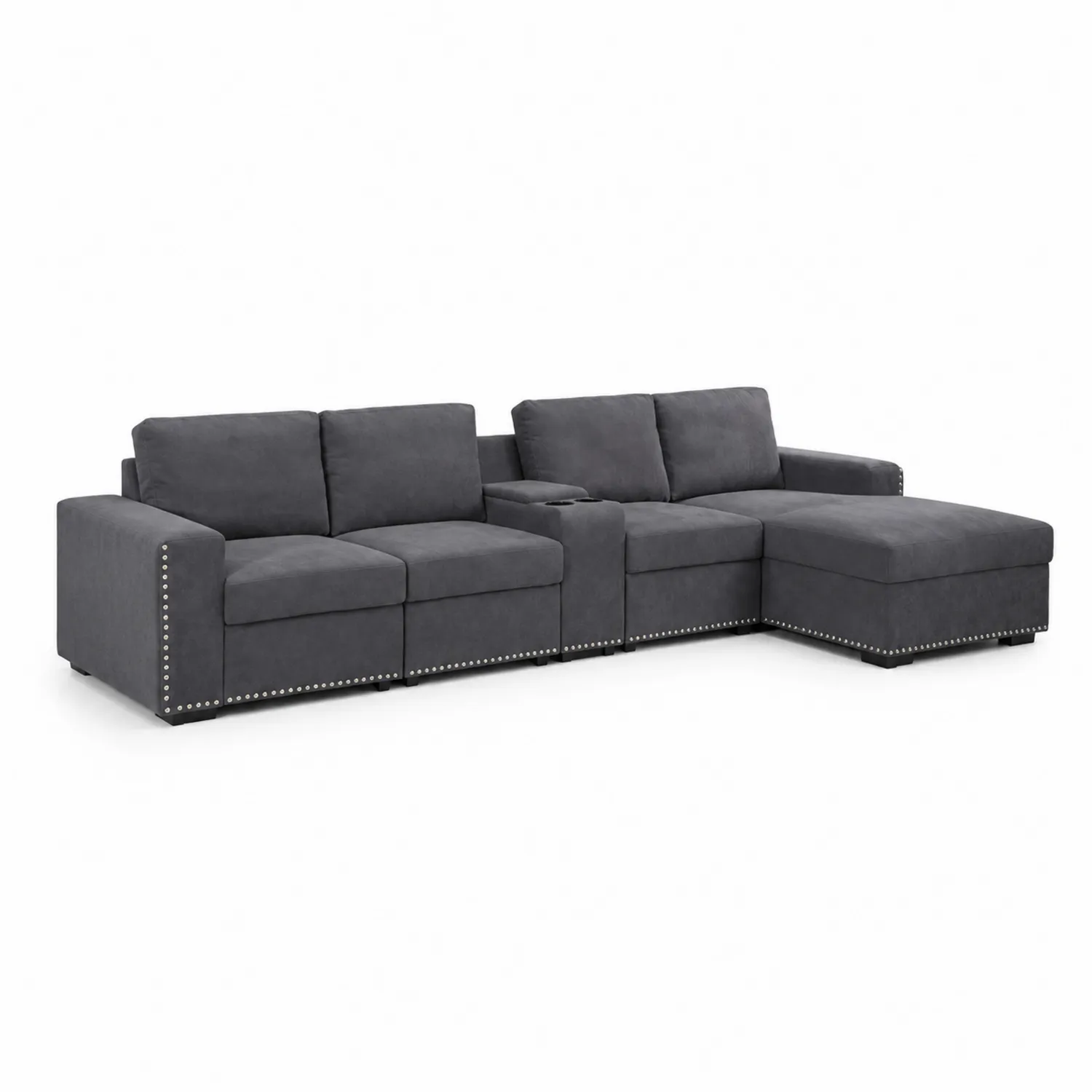 Canapé modulable en tissu avec méridienne et rivets métalliques