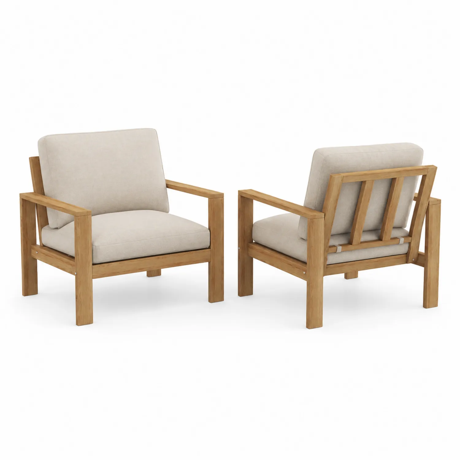 Paire de Fauteuils en Bois de Teck avec Coussins en Polyester Beige