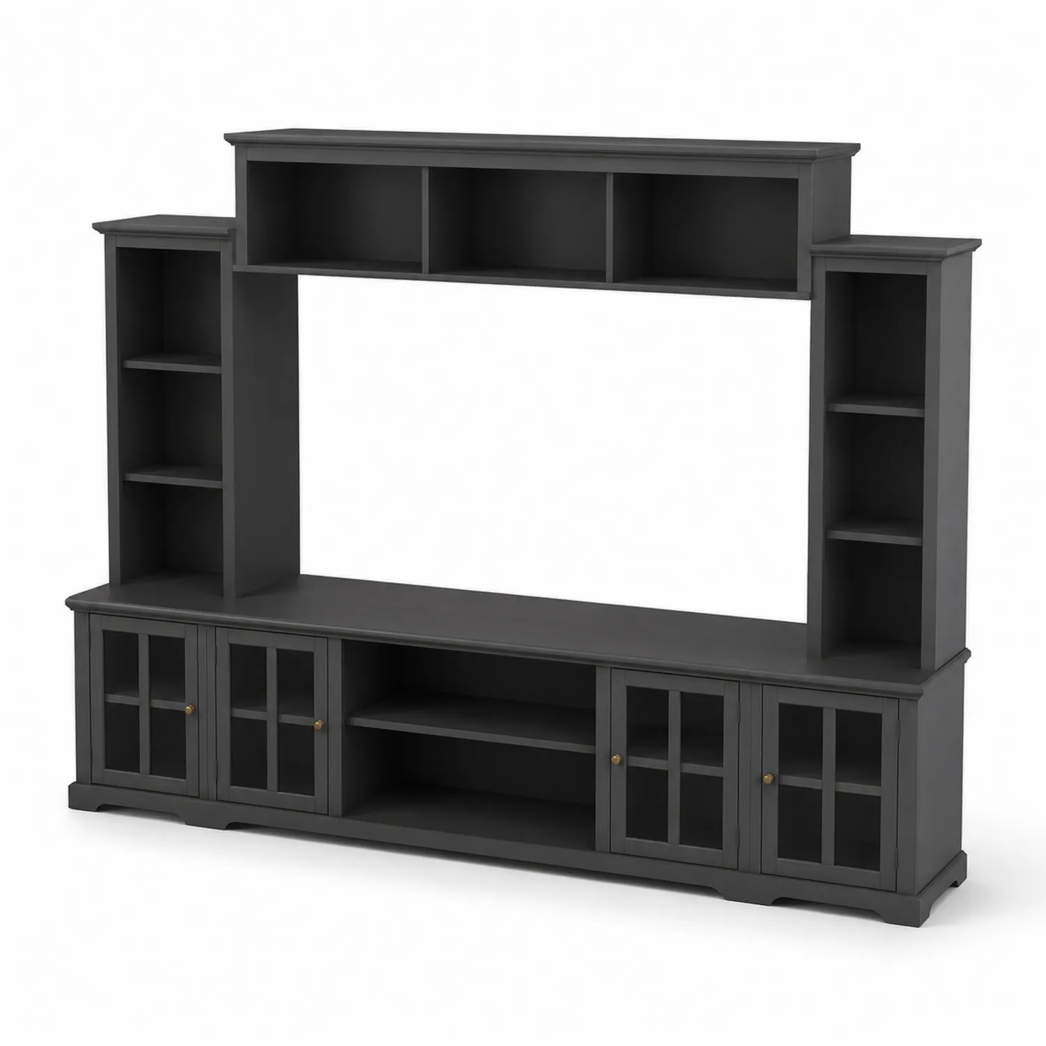Meuble TV en bois avec étagères et portes vitrées noires