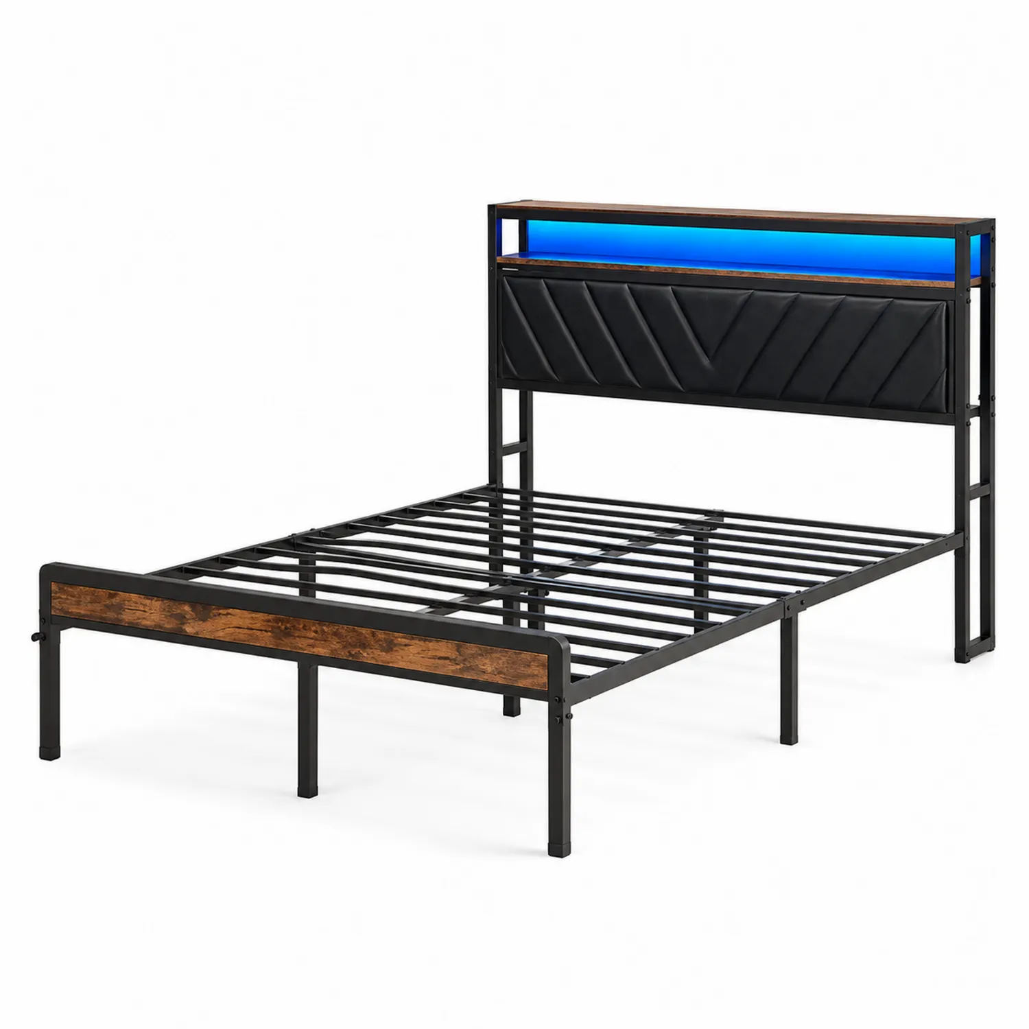 Lit en métal avec tête de lit en bois et LED 140x190 cm Noir/Noyer